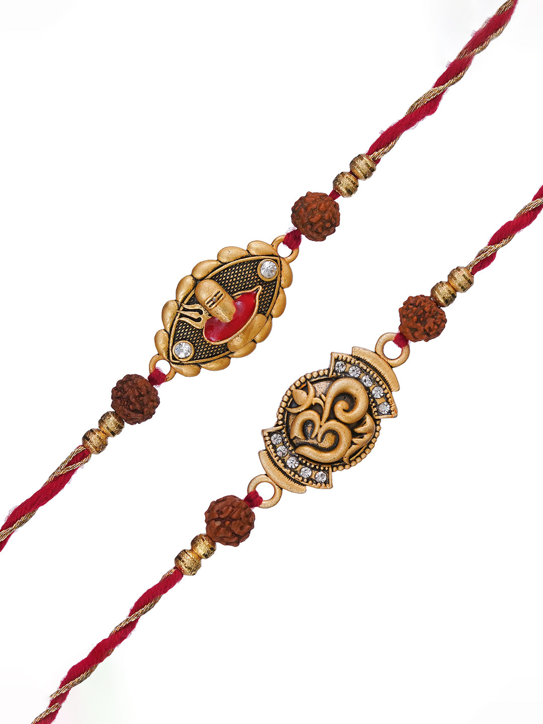 Set of 2 Shivalinga Trishul, Om Symbol Rakhis for Brother, Bhabhi, Kids with Roli Chawal Pack 2