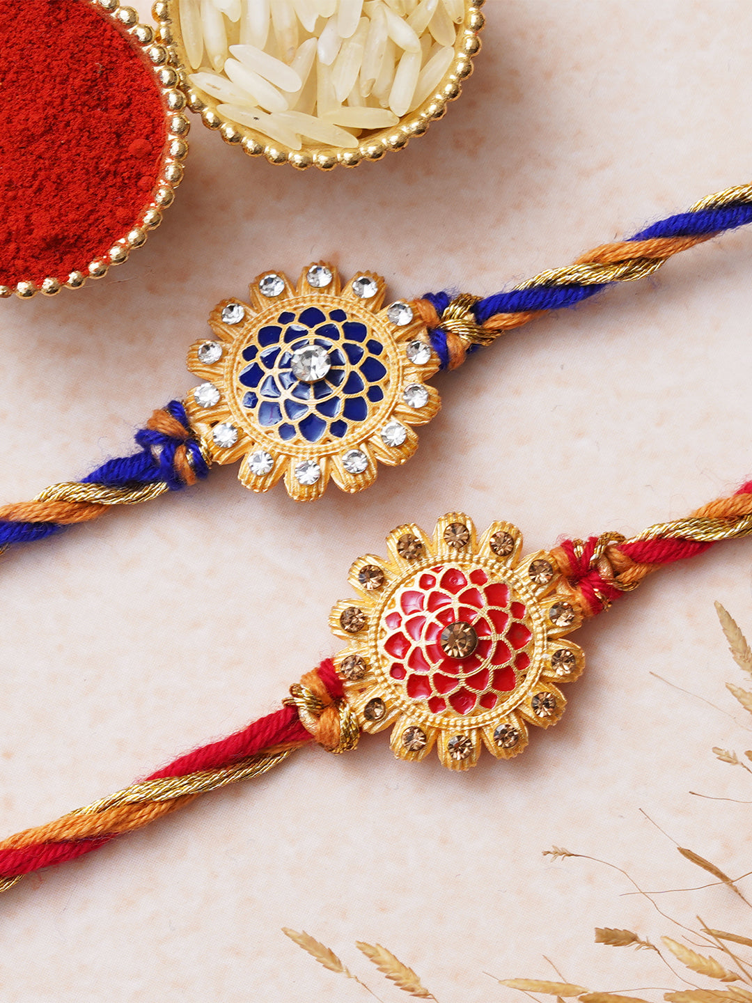 Set of 2 Red & Blue Flowers Designer Rakhis for Brother, Bhabhi, Kids with Roli Chawal Pack 1