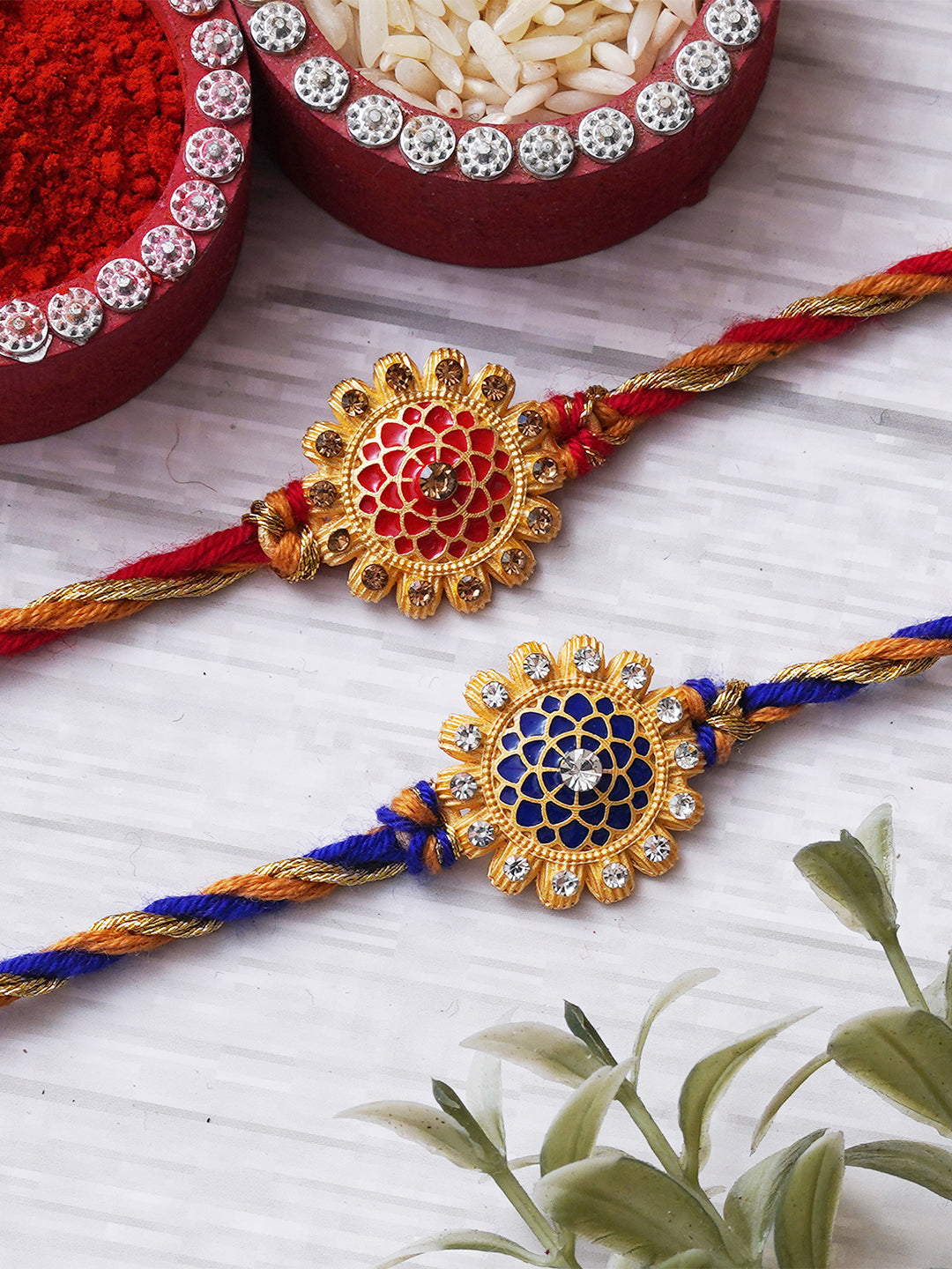 Set of 2 Red & Blue Flowers Designer Rakhis for Brother, Bhabhi, Kids with Roli Chawal Pack