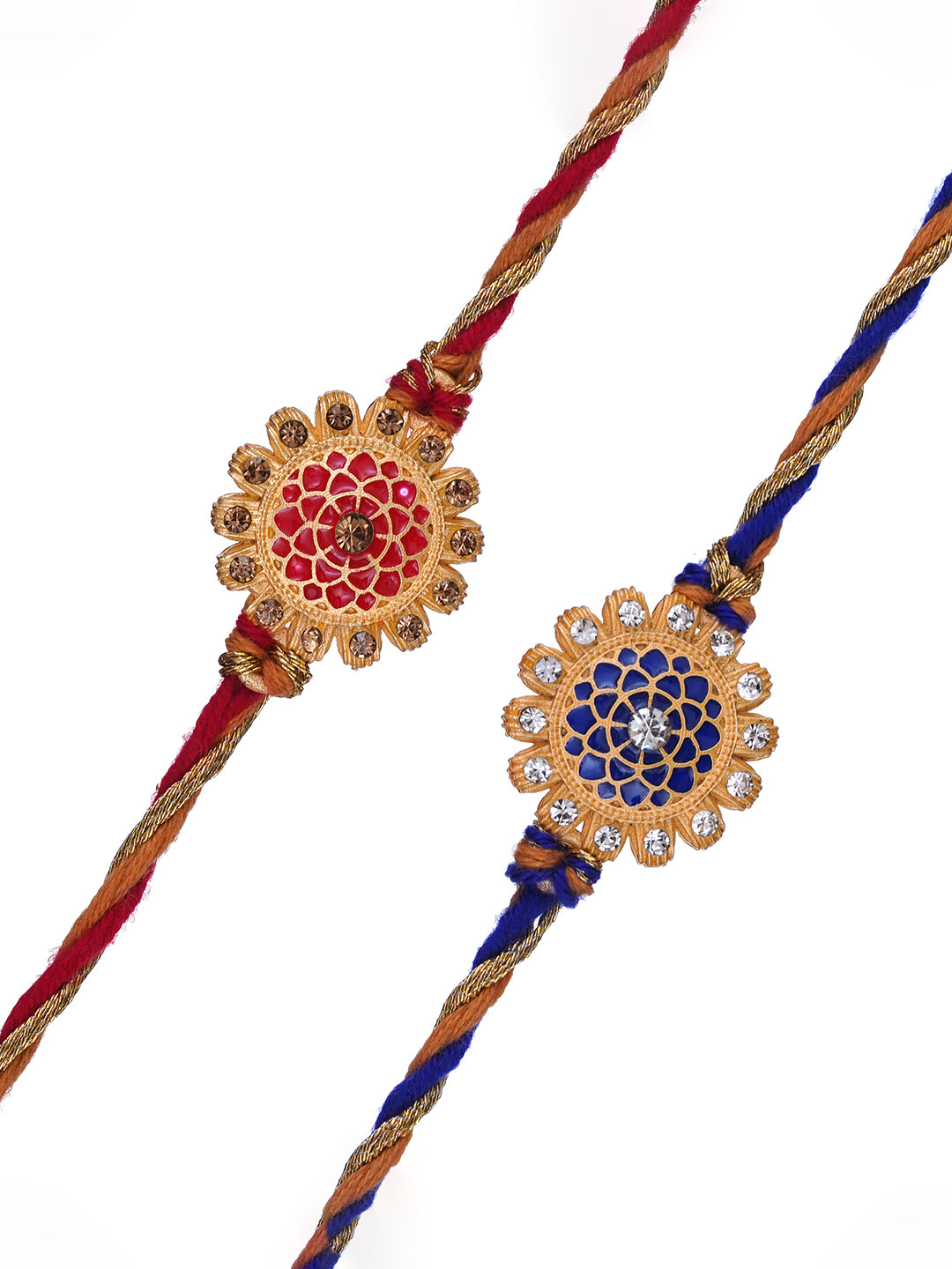 Set of 2 Red & Blue Flowers Designer Rakhis for Brother, Bhabhi, Kids with Roli Chawal Pack 2