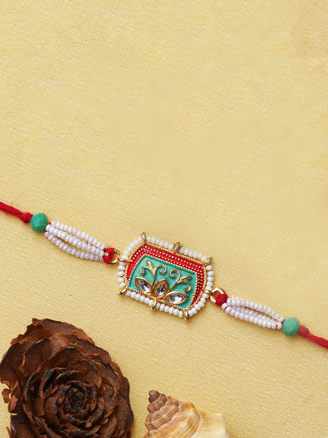 Green, Red, White Pearls, Beaded Designer Rakhi for Brother with Roli Chawal Pack 1