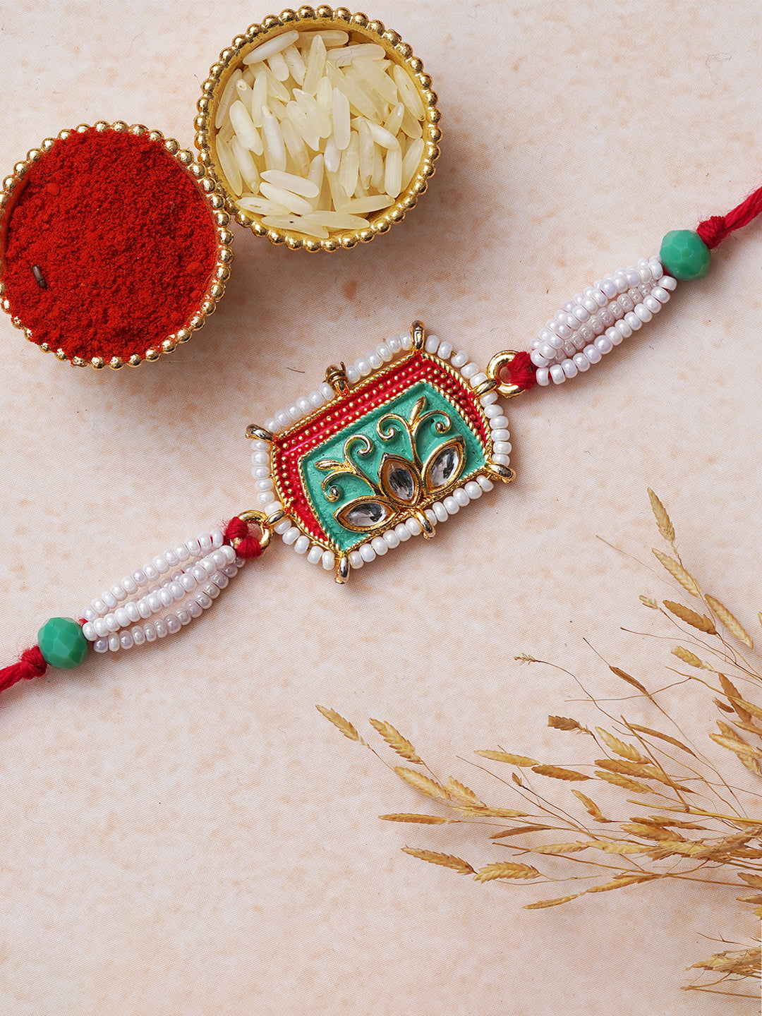 Green, Red, White Pearls, Beaded Designer Rakhi for Brother with Roli Chawal Pack