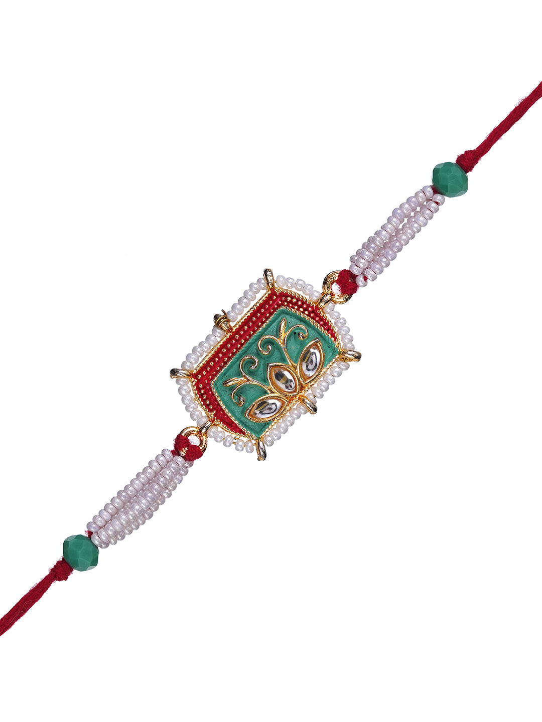 Green, Red, White Pearls, Beaded Designer Rakhi for Brother with Roli Chawal Pack 2