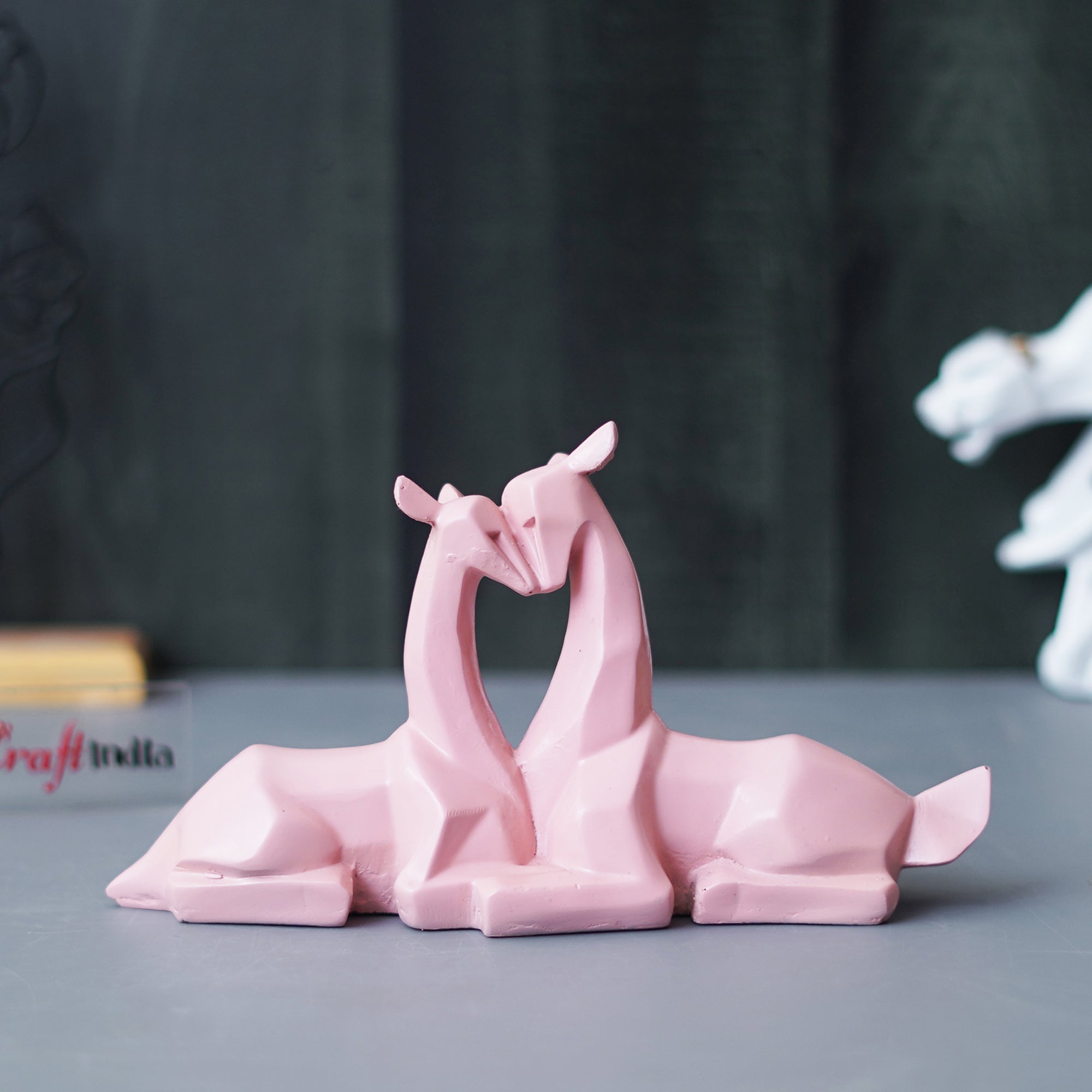 Set of 2 Pink Polyresin Geometric Hugging Deer Statue Decorative Showpiece 1