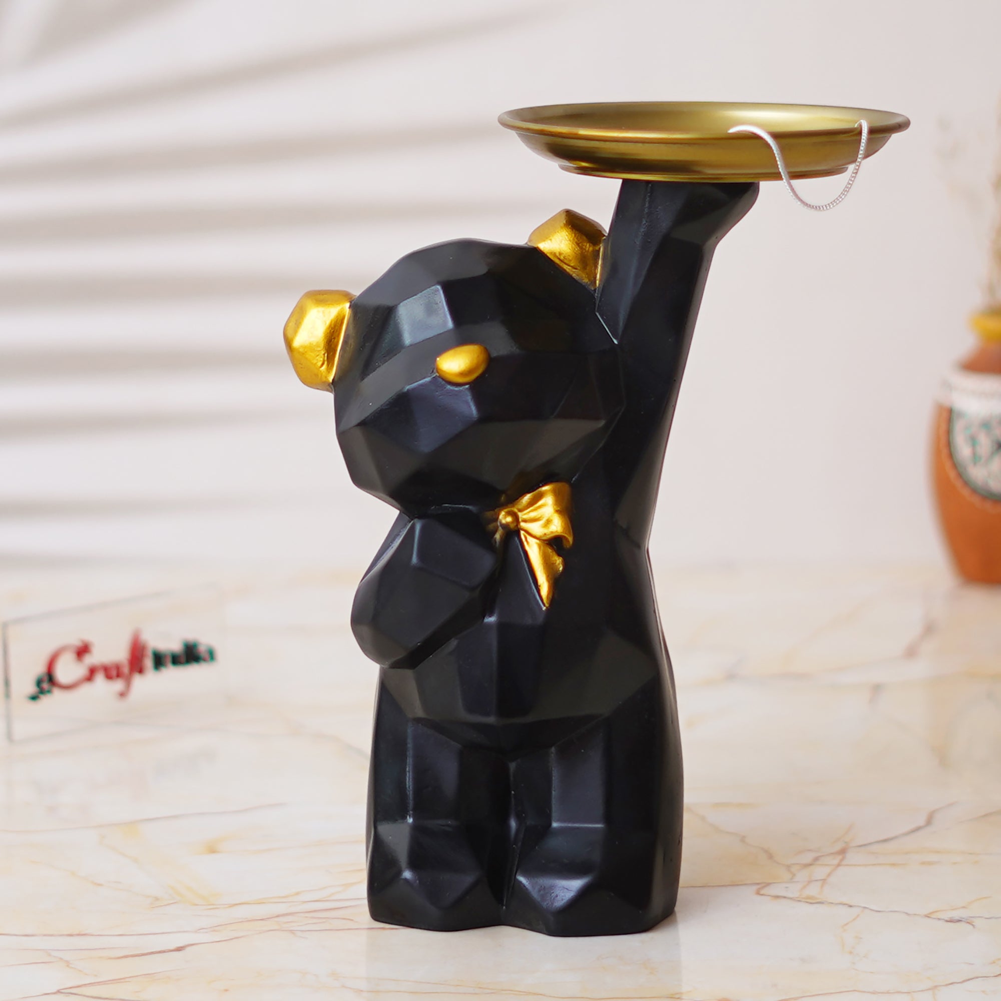 Geometric Black Standing Teddy Bear Statue Holding Tray Decorative Showpiece 1