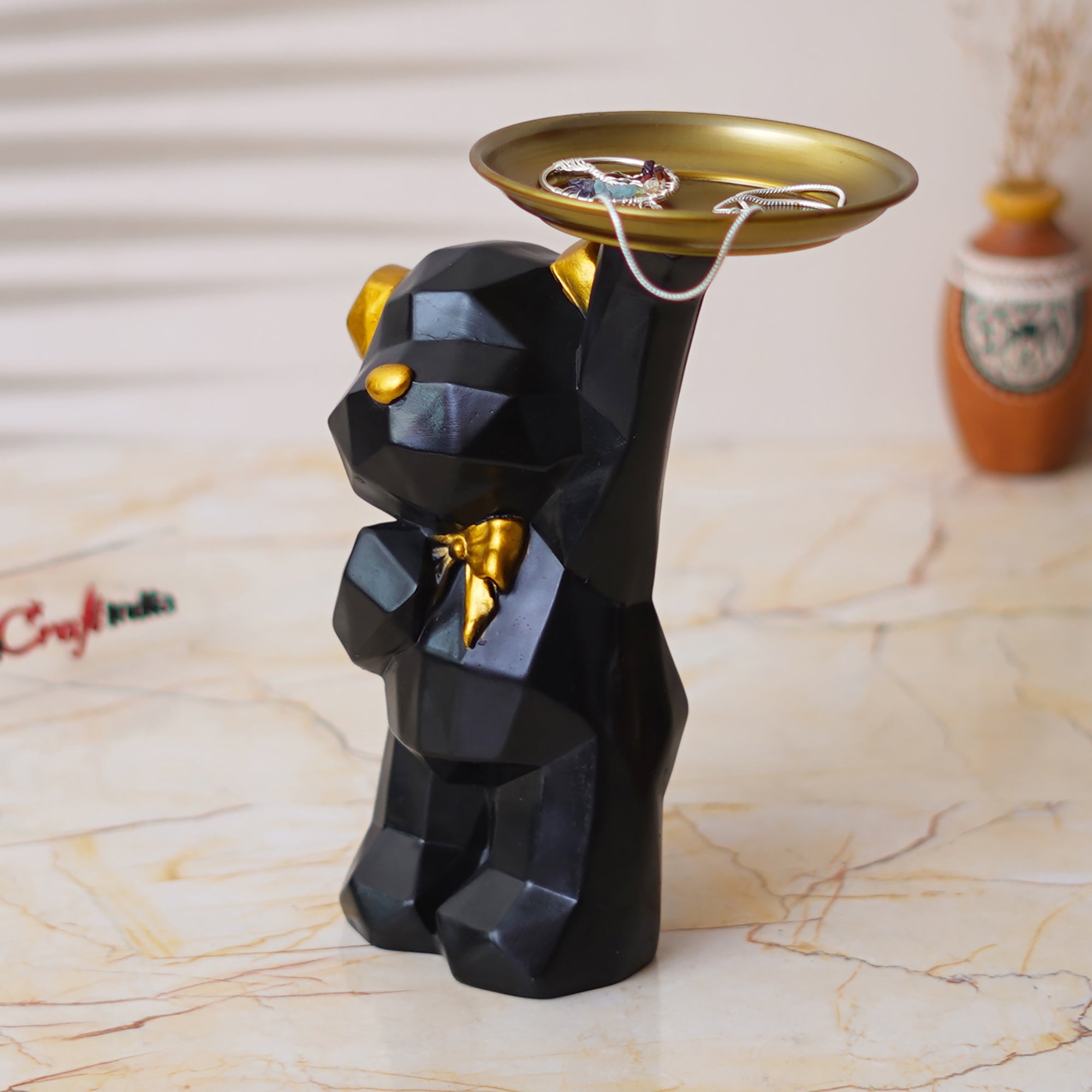 Geometric Black Standing Teddy Bear Statue Holding Tray Decorative Showpiece 5