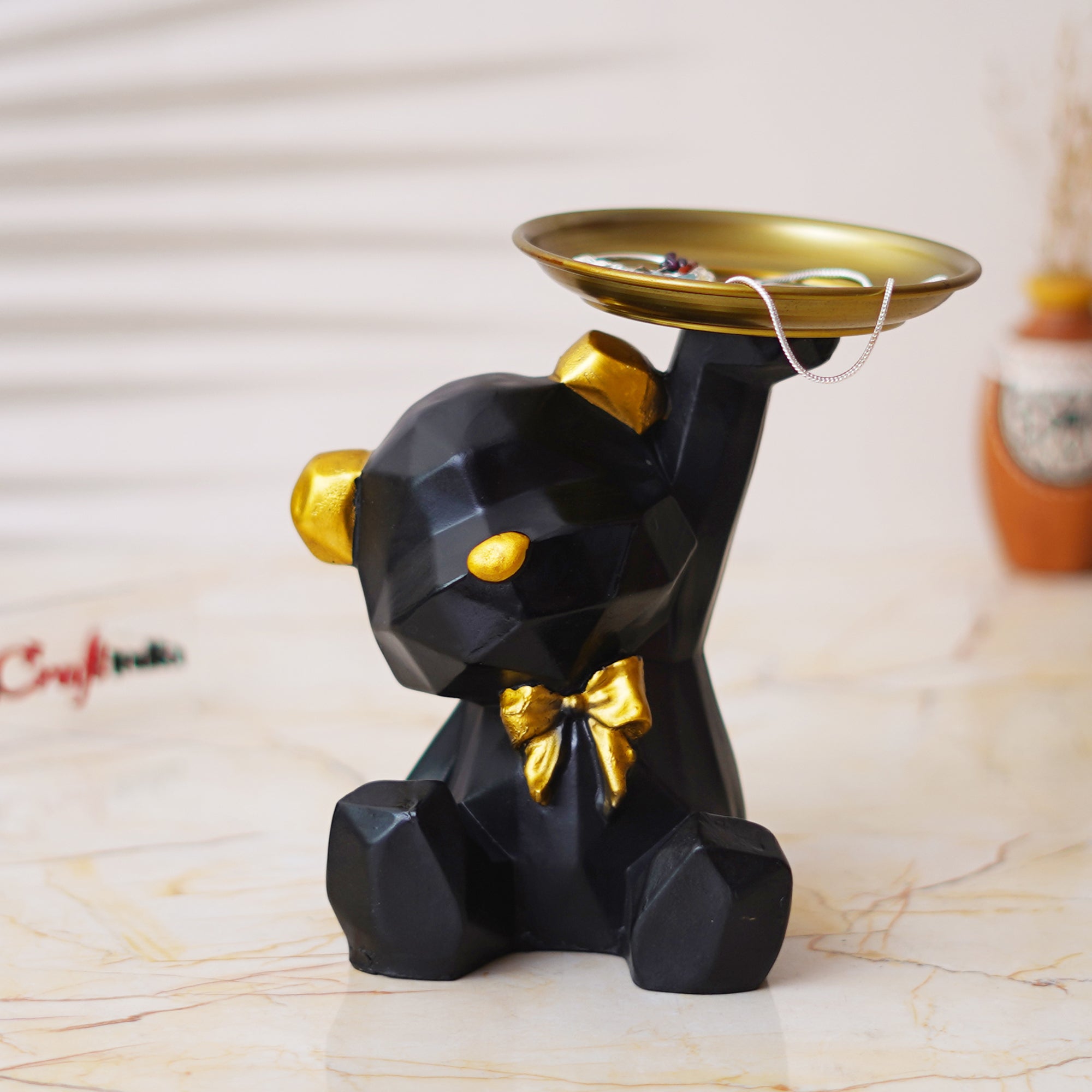 Geometric Black Sitting Teddy Bear Statue Holding Tray Decorative Showpiece