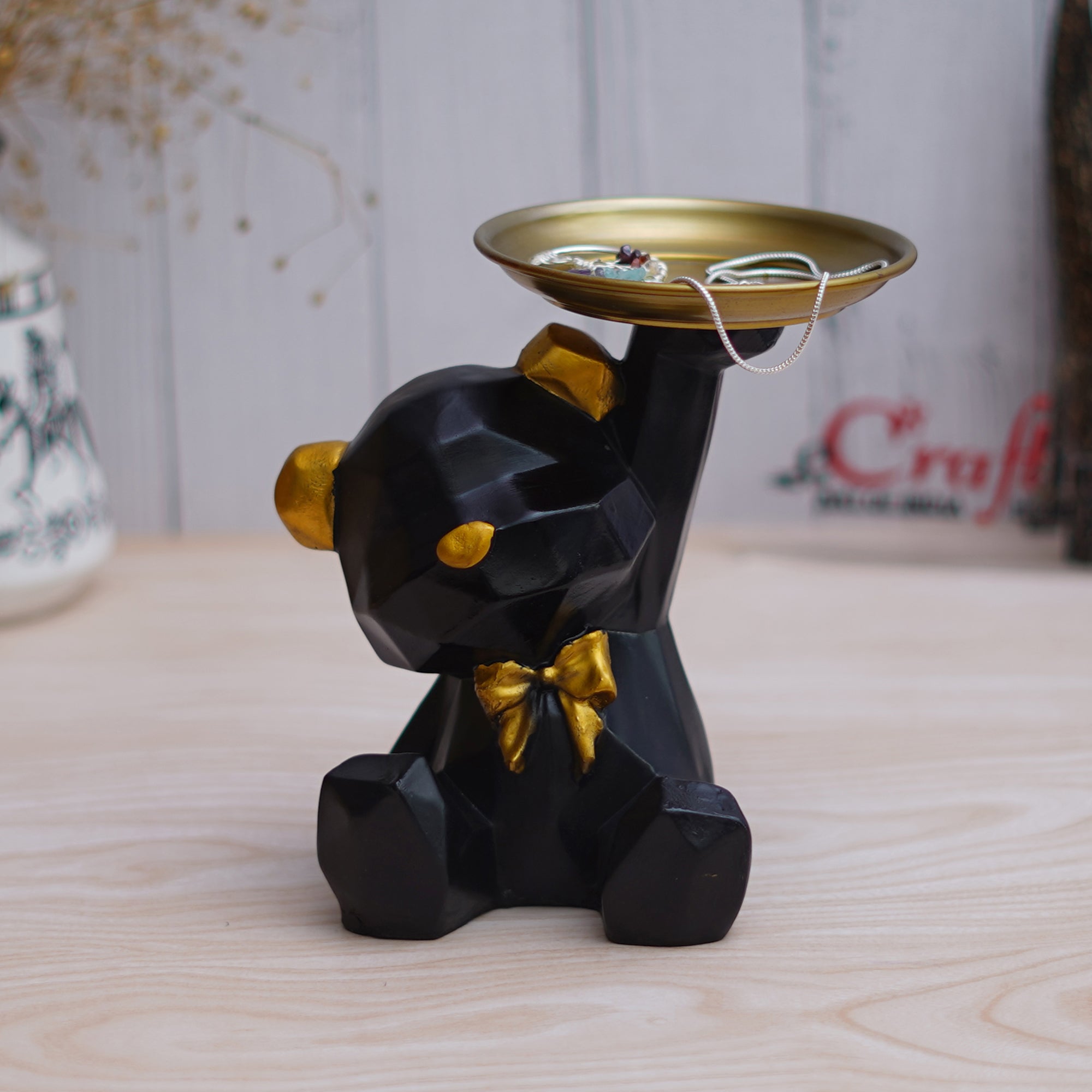 Geometric Black Sitting Teddy Bear Statue Holding Tray Decorative Showpiece 4