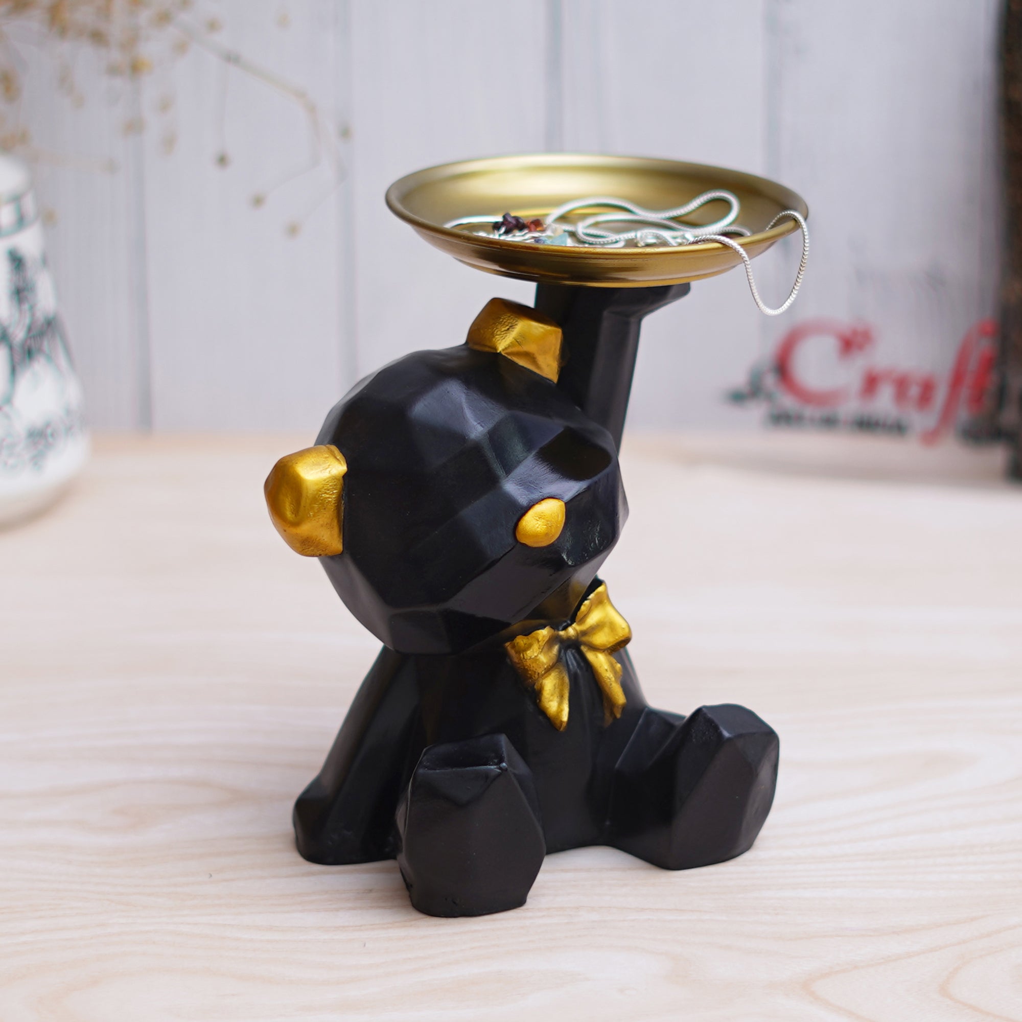 Geometric Black Sitting Teddy Bear Statue Holding Tray Decorative Showpiece 5