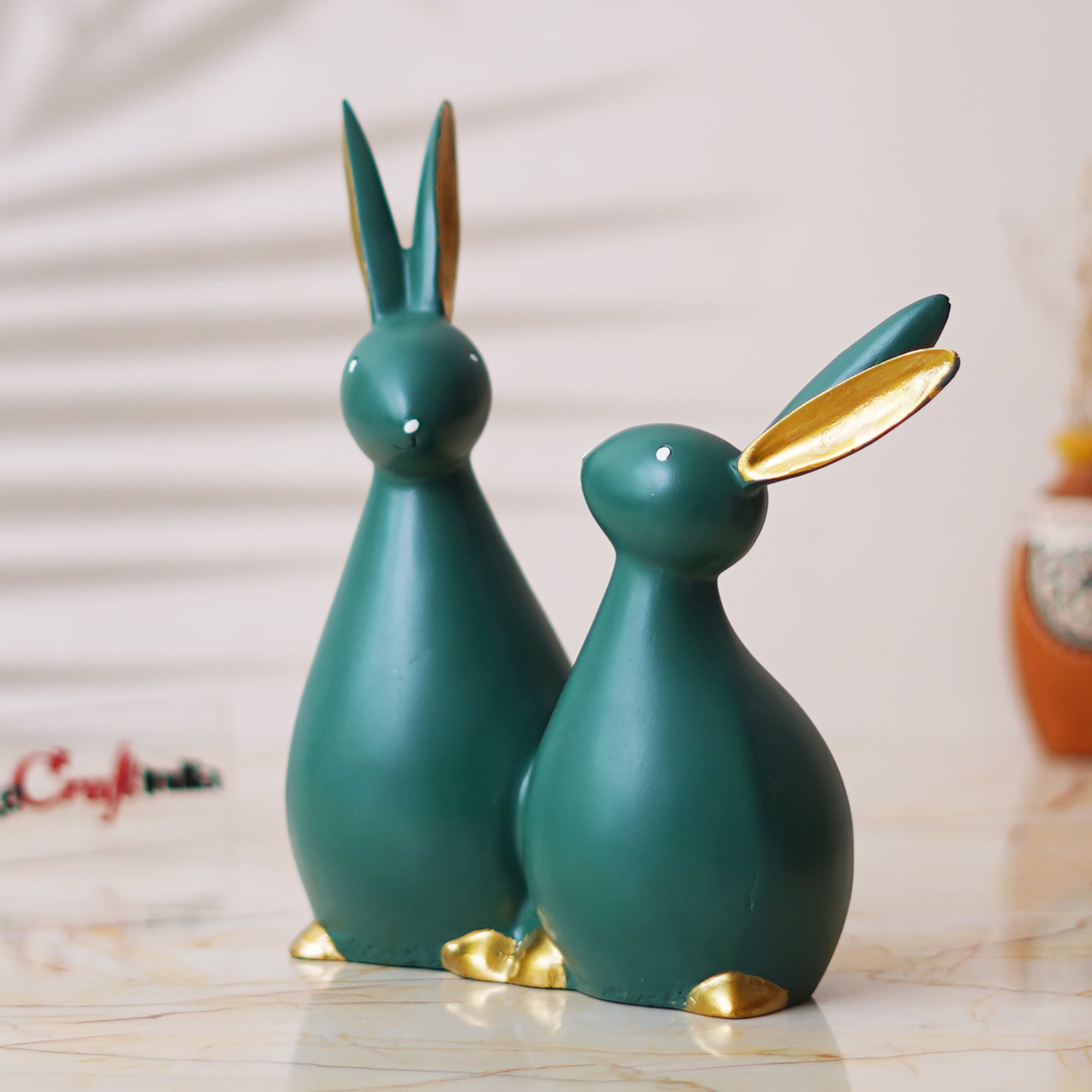 Set of 2 Green Polyresin Cute Rabbit Statues Decorative Animal Figurines 1