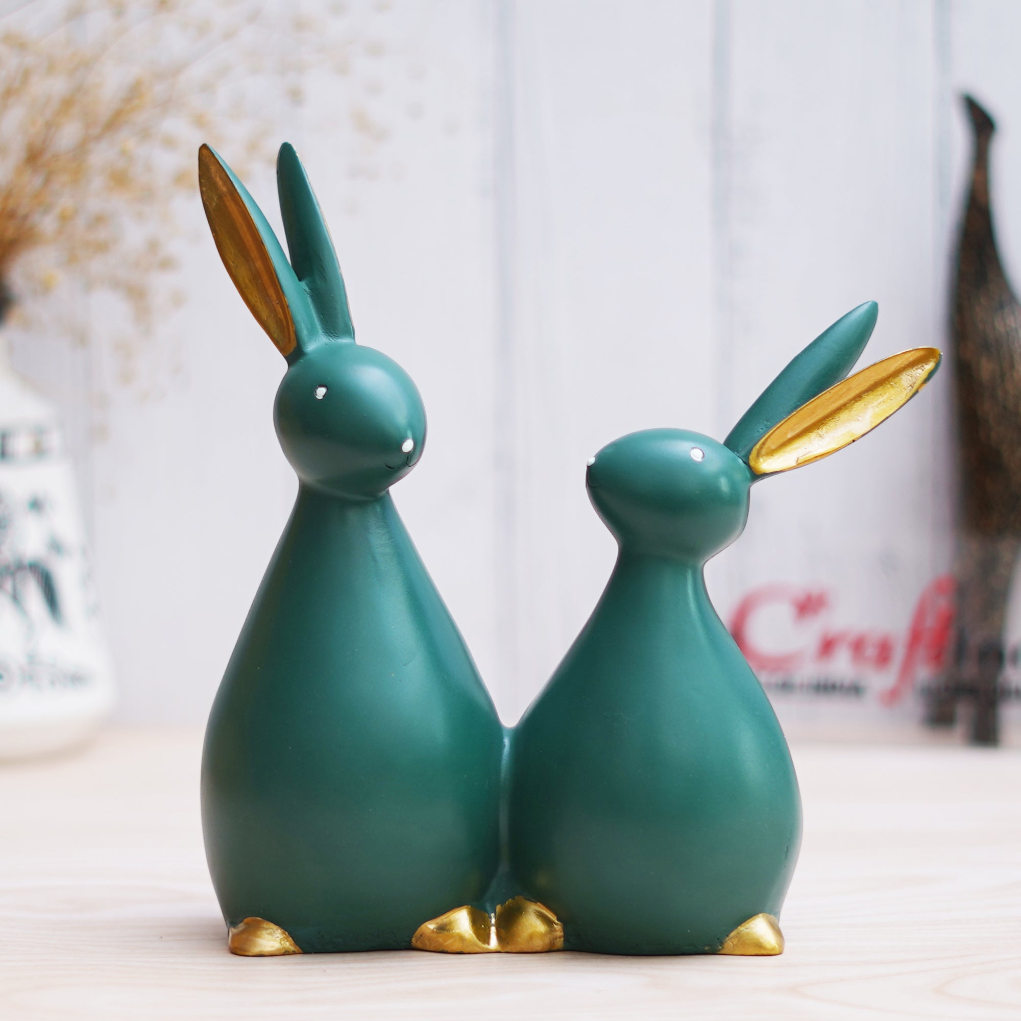 Set of 2 Green Polyresin Cute Rabbit Statues Decorative Animal Figurines 4