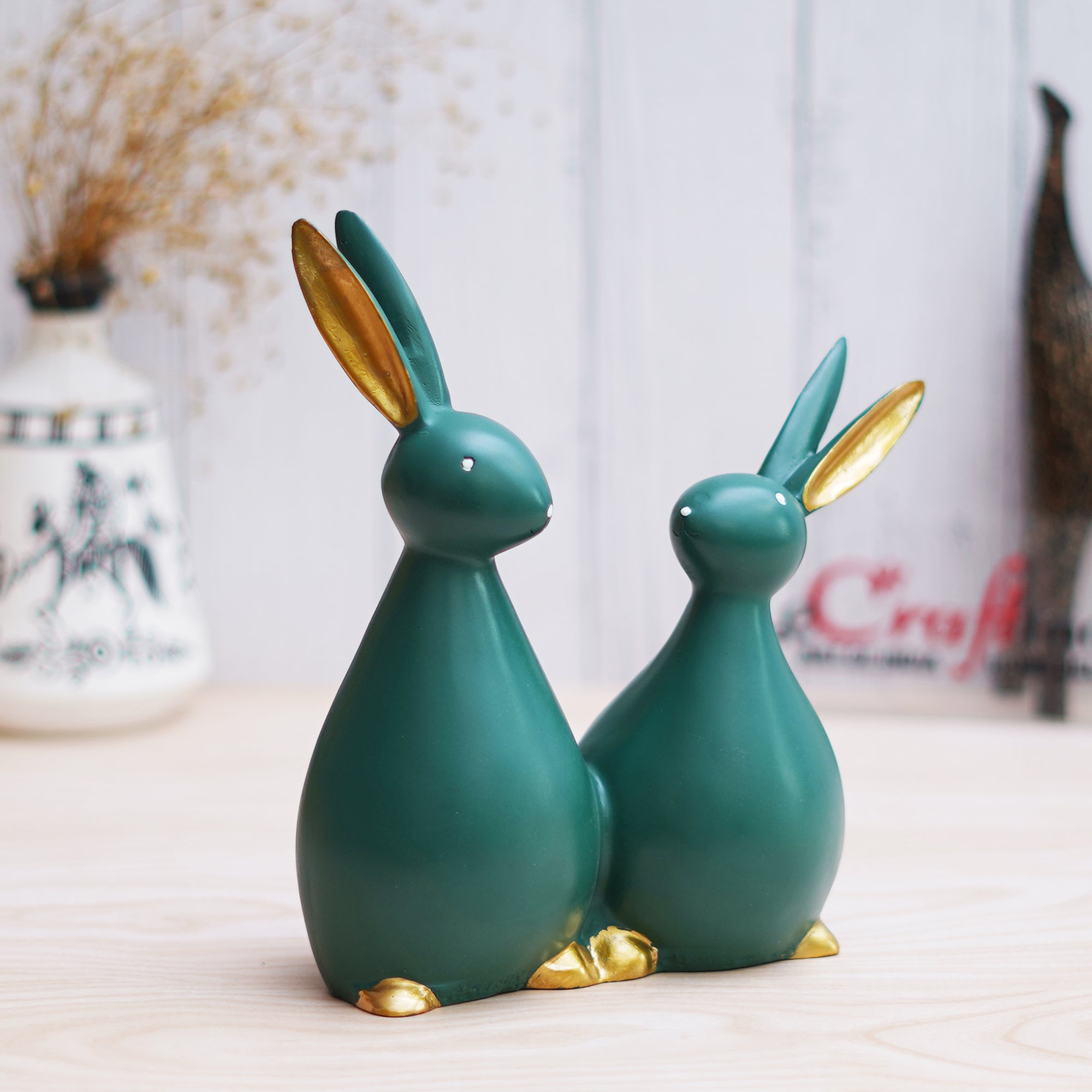 Set of 2 Green Polyresin Cute Rabbit Statues Decorative Animal Figurines 5