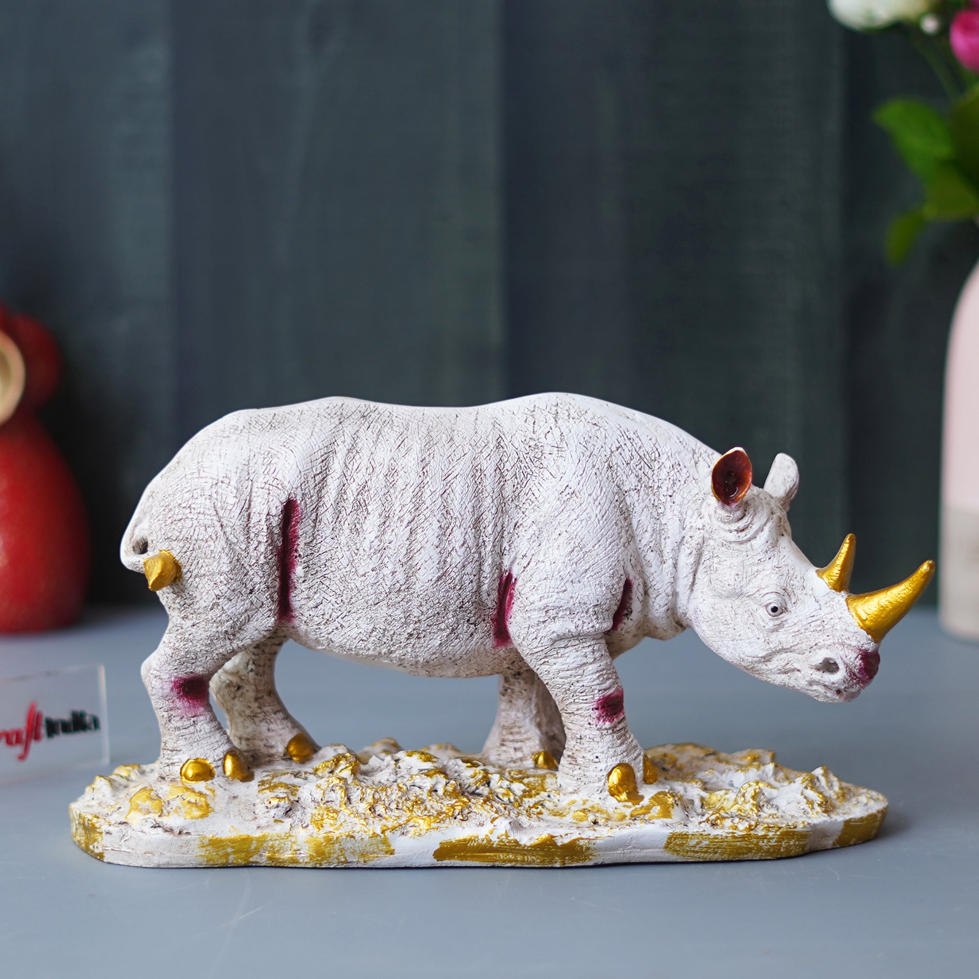 White Polyresin Rhinoceros Statue with Golden Horns Animal Figurine 1