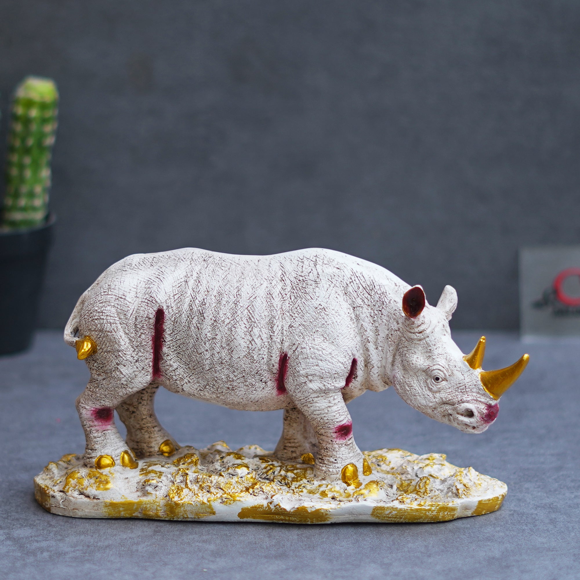 White Polyresin Rhinoceros Statue with Golden Horns Animal Figurine