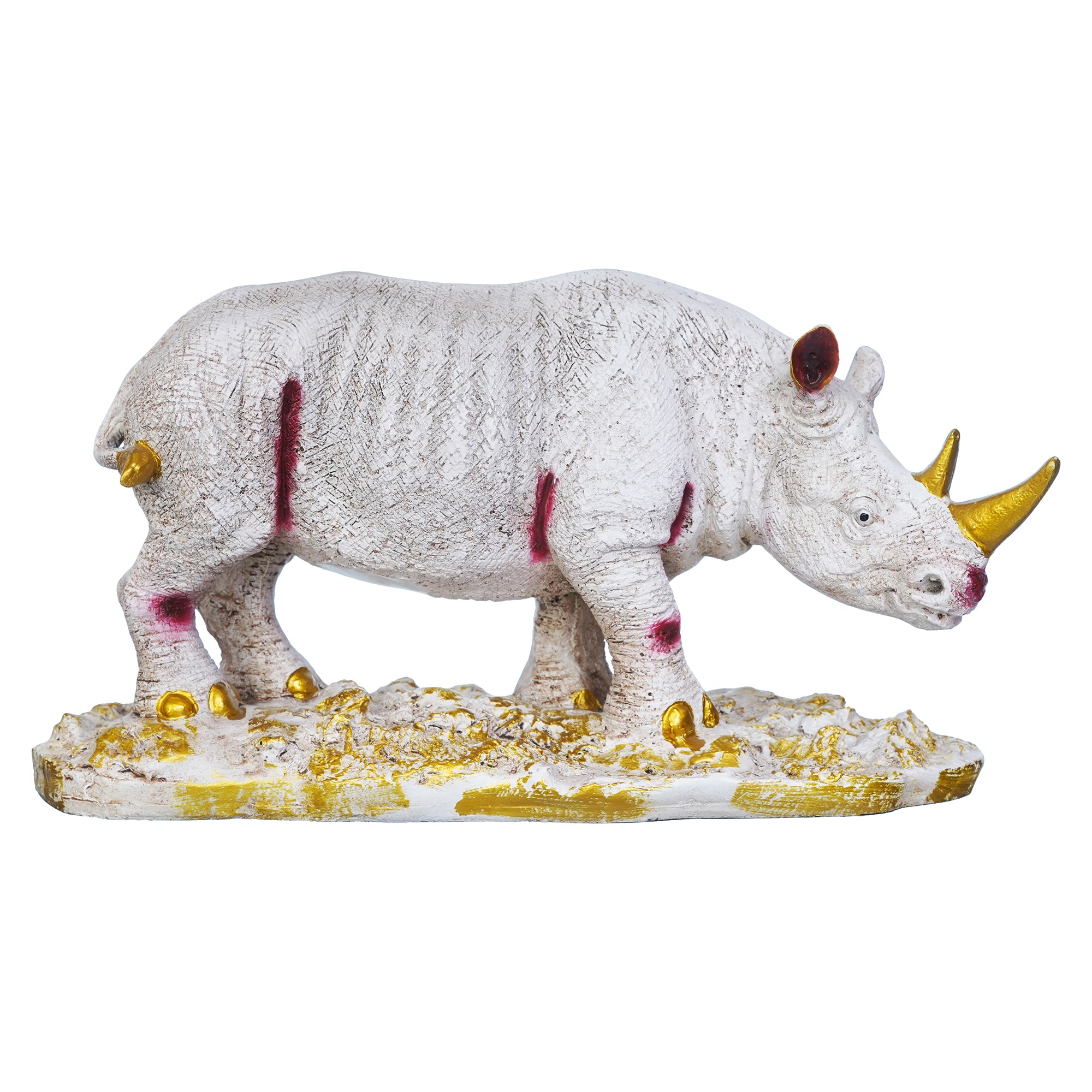 White Polyresin Rhinoceros Statue with Golden Horns Animal Figurine 2