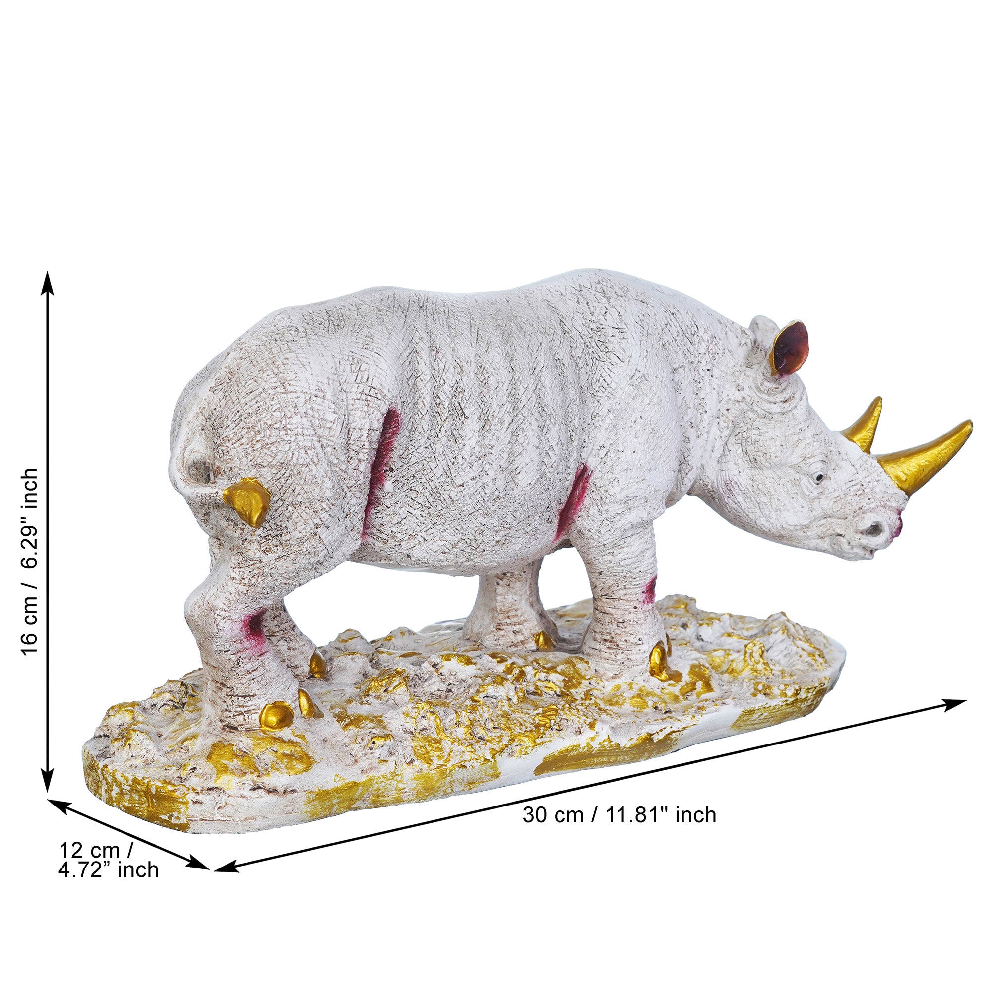 White Polyresin Rhinoceros Statue with Golden Horns Animal Figurine 3