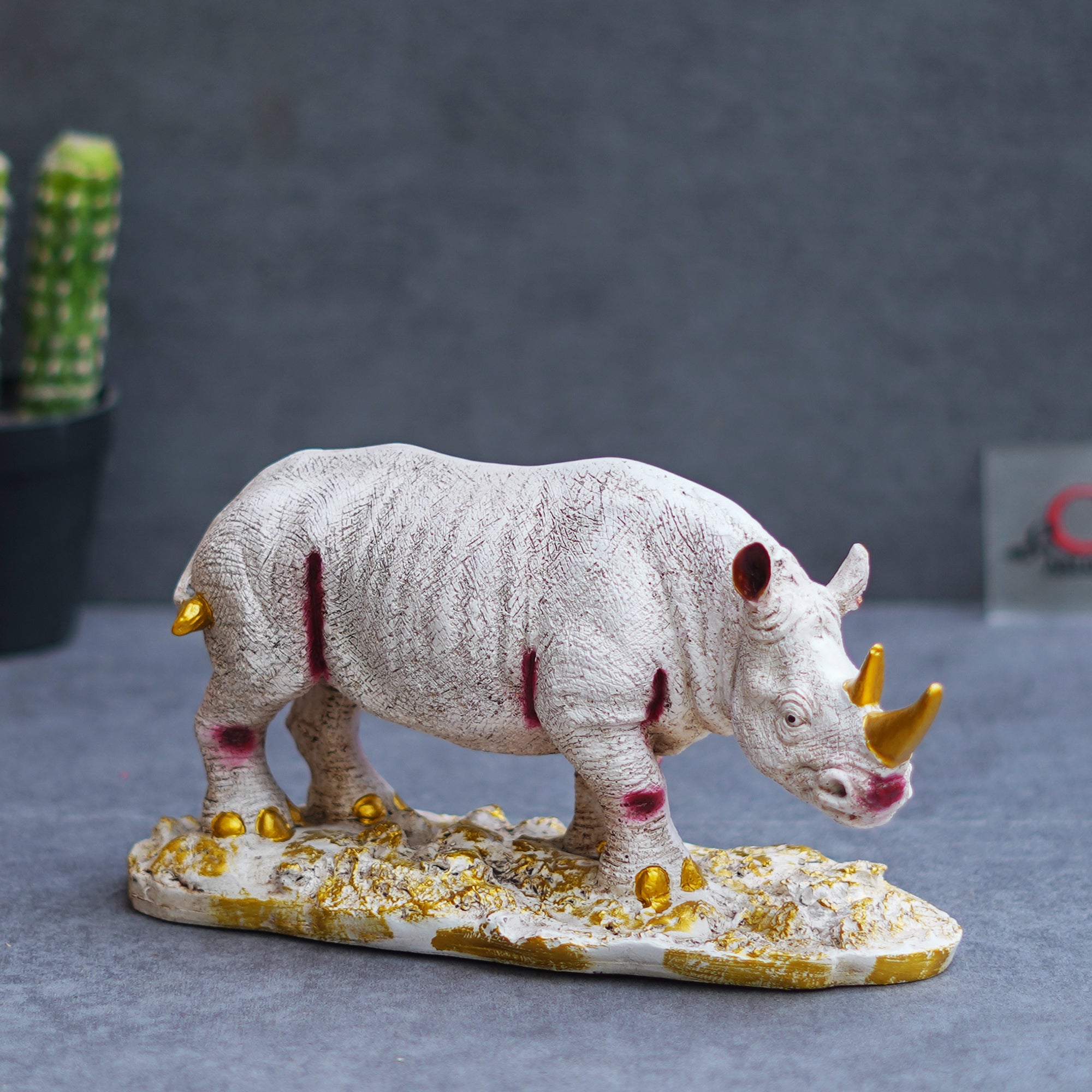 White Polyresin Rhinoceros Statue with Golden Horns Animal Figurine 4