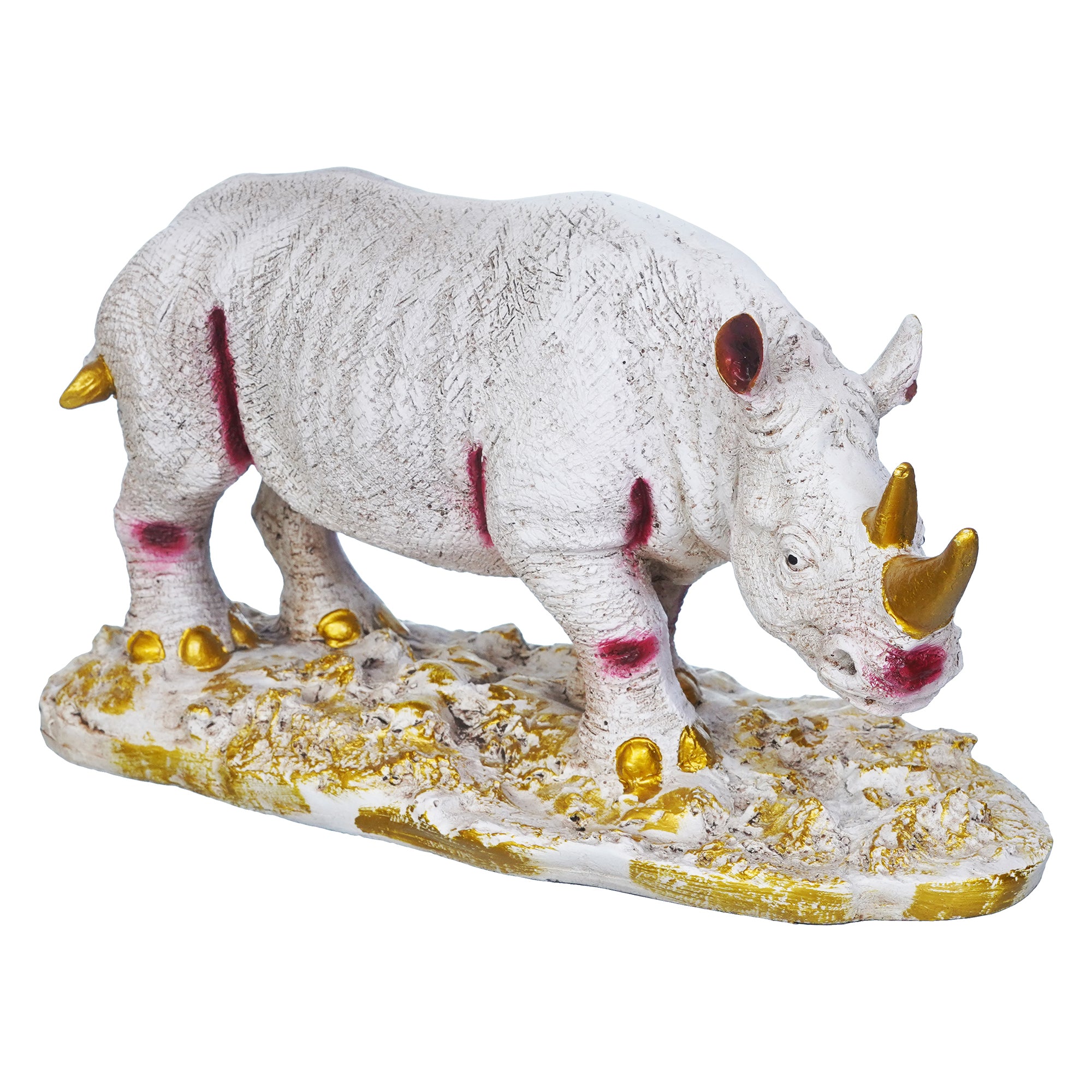 White Polyresin Rhinoceros Statue with Golden Horns Animal Figurine 6