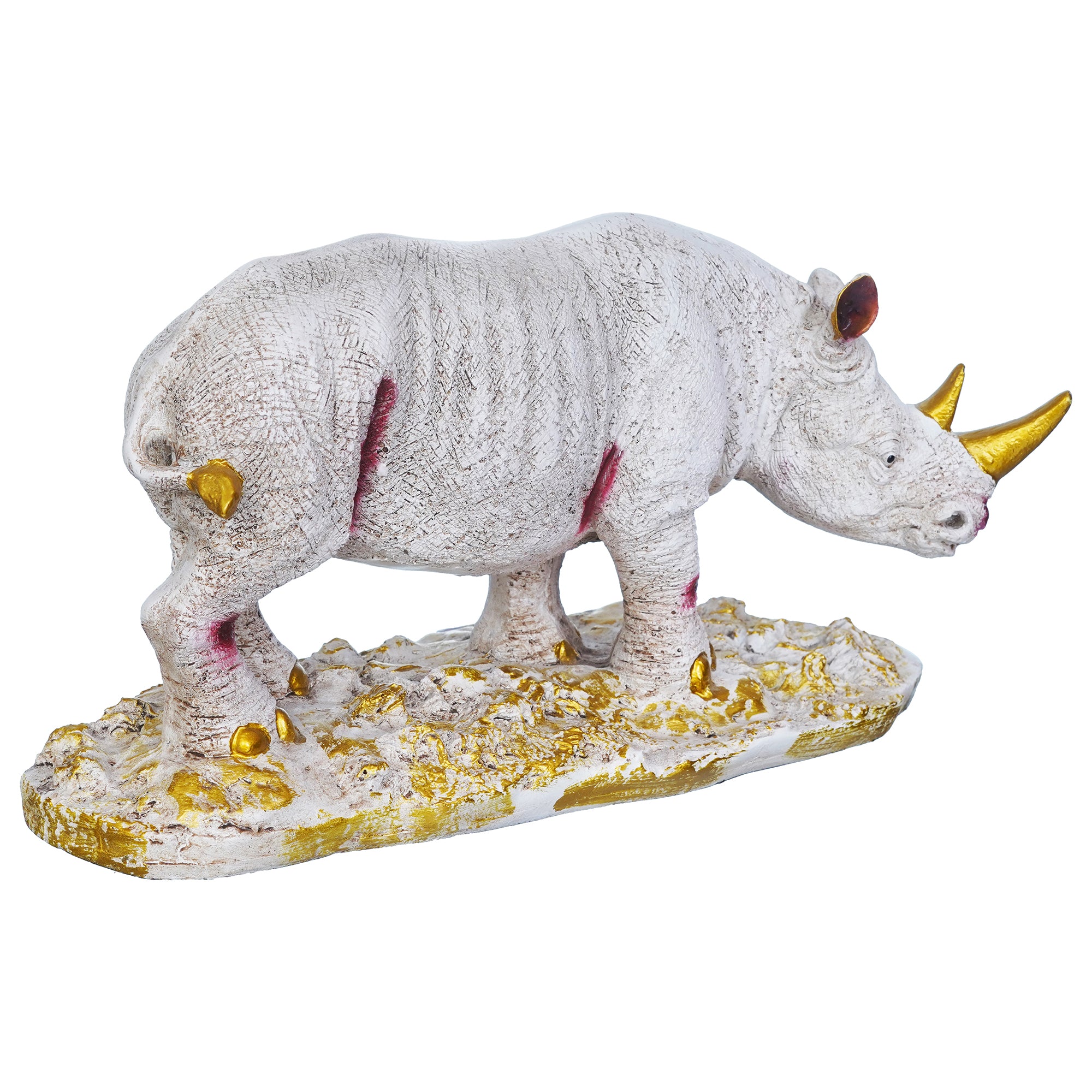 White Polyresin Rhinoceros Statue with Golden Horns Animal Figurine 7