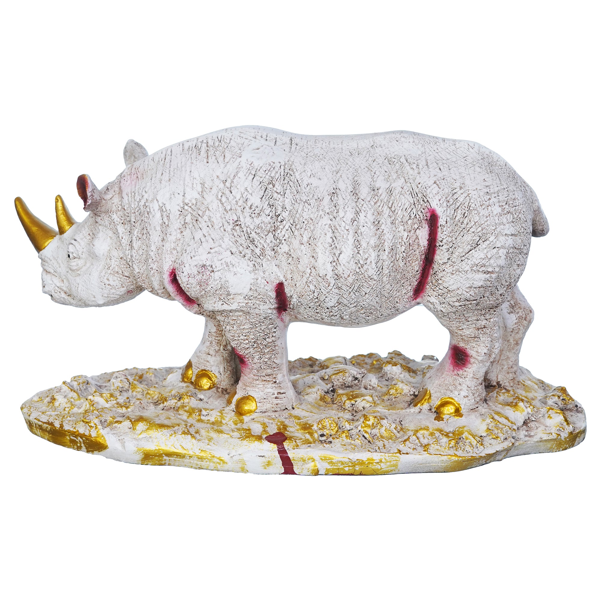 White Polyresin Rhinoceros Statue with Golden Horns Animal Figurine 8