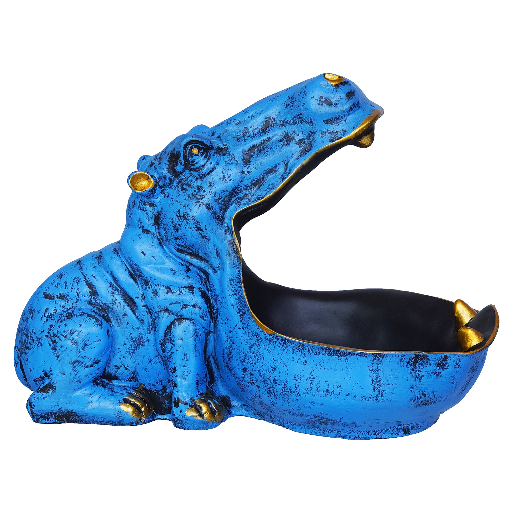 Blue Polyresin Big Mouth Hippopotamus Statue Serving Tray Animal Figurine 8