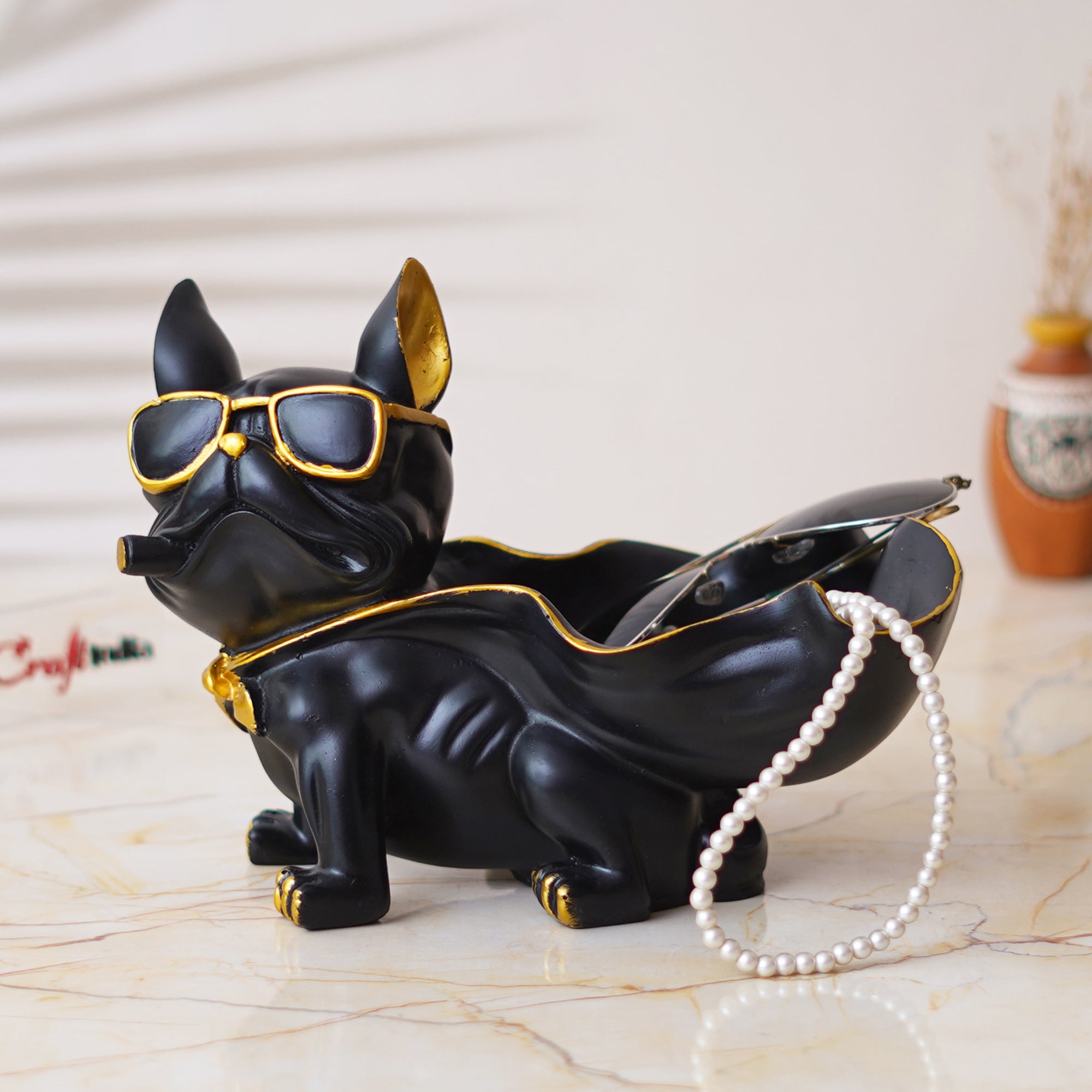 Black Bull Dog Statue in Glasses with Cape Serving Tray Animal Figurine 1