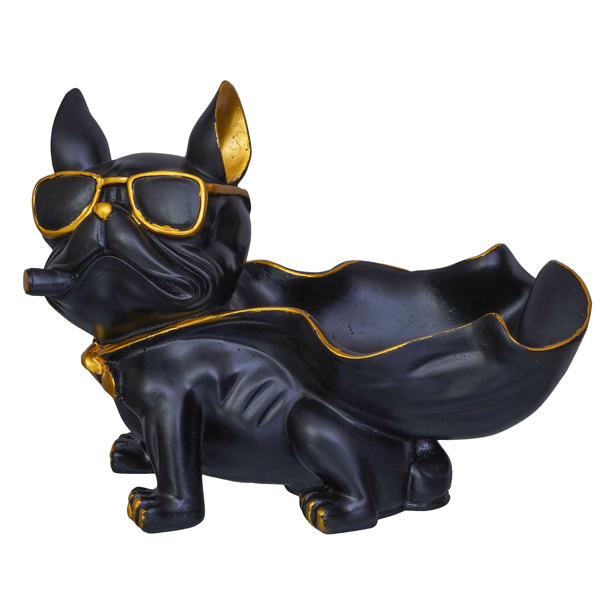 Black Bull Dog Statue in Glasses with Cape Serving Tray Animal Figurine 2