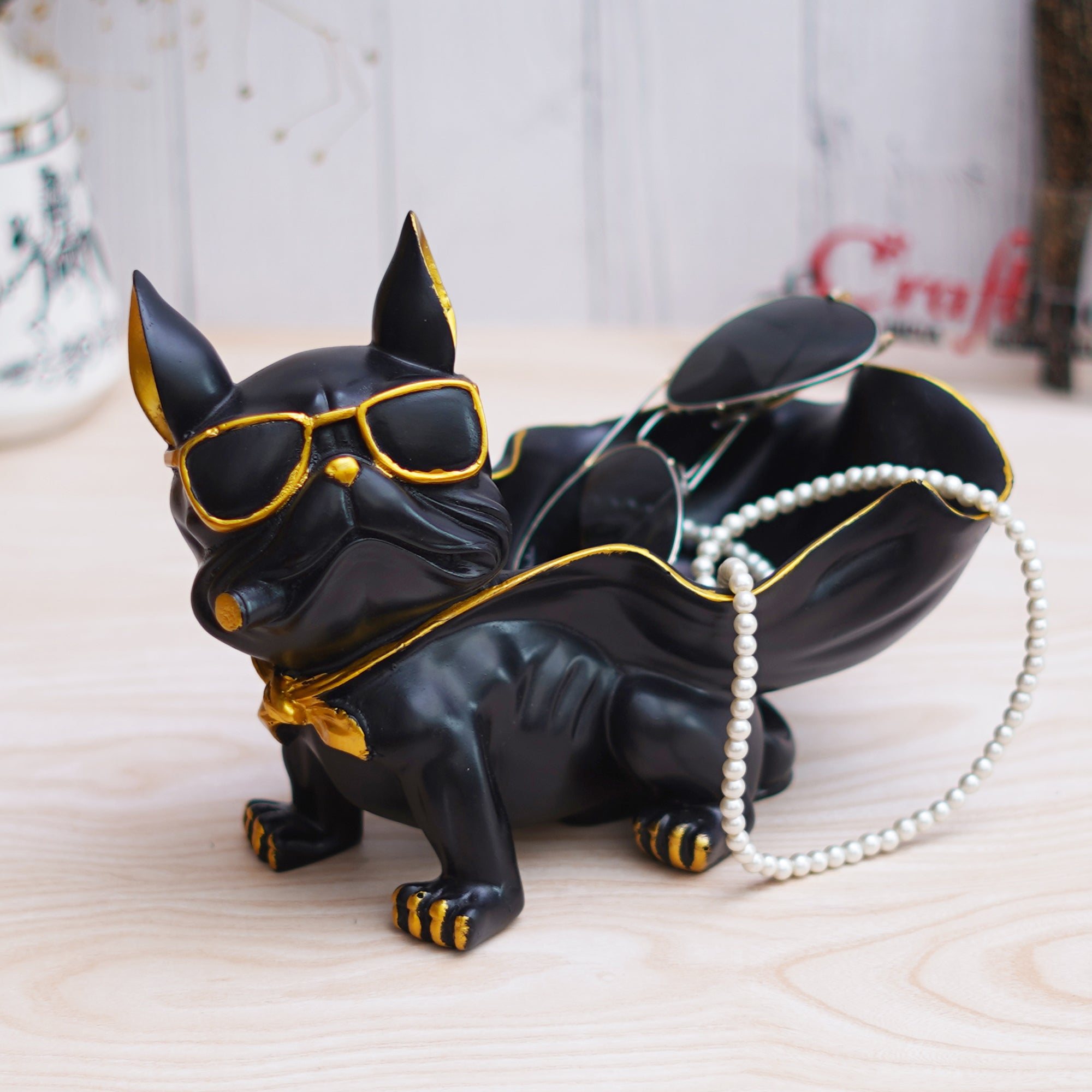 Black Bull Dog Statue in Glasses with Cape Serving Tray Animal Figurine 4