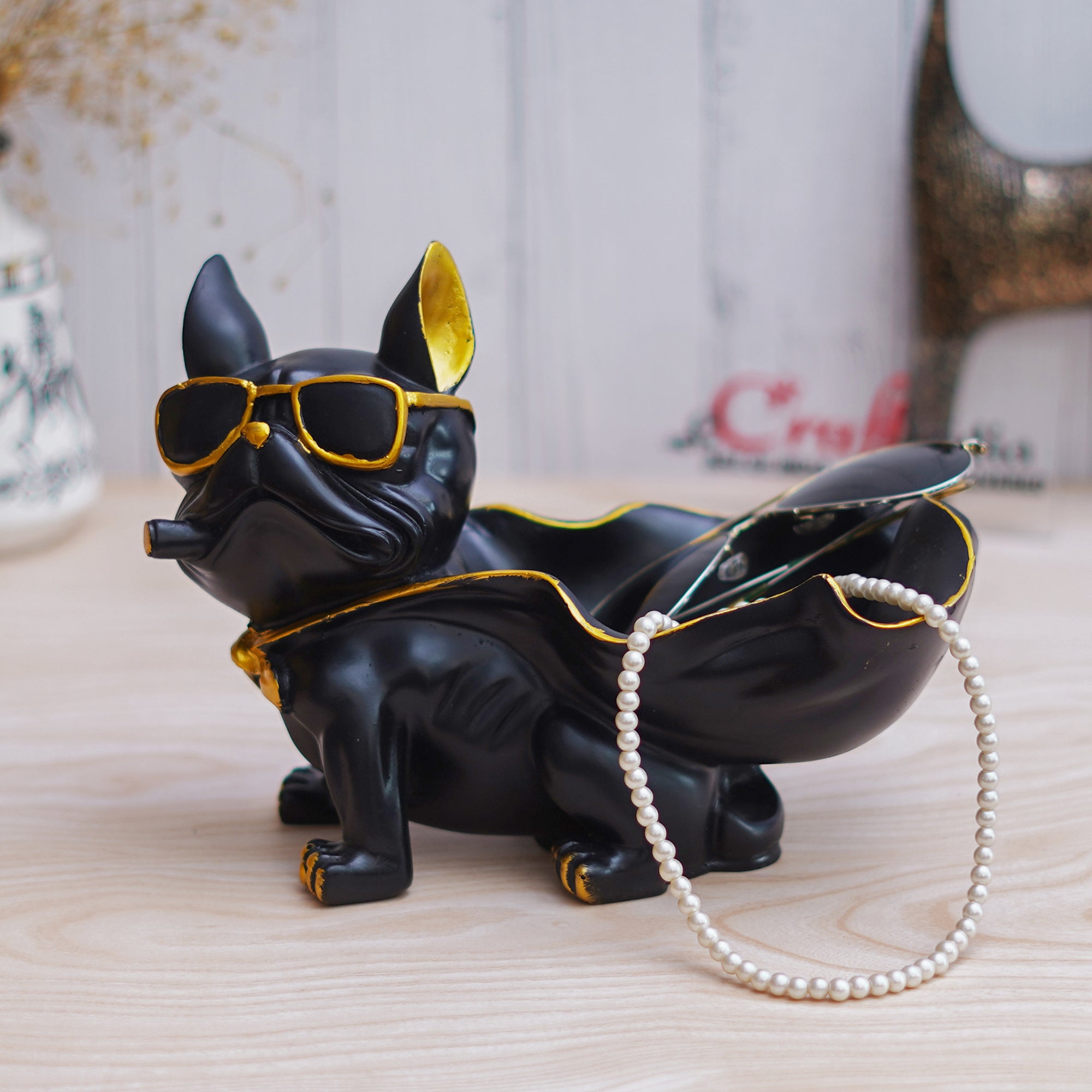 Black Bull Dog Statue in Glasses with Cape Serving Tray Animal Figurine 5