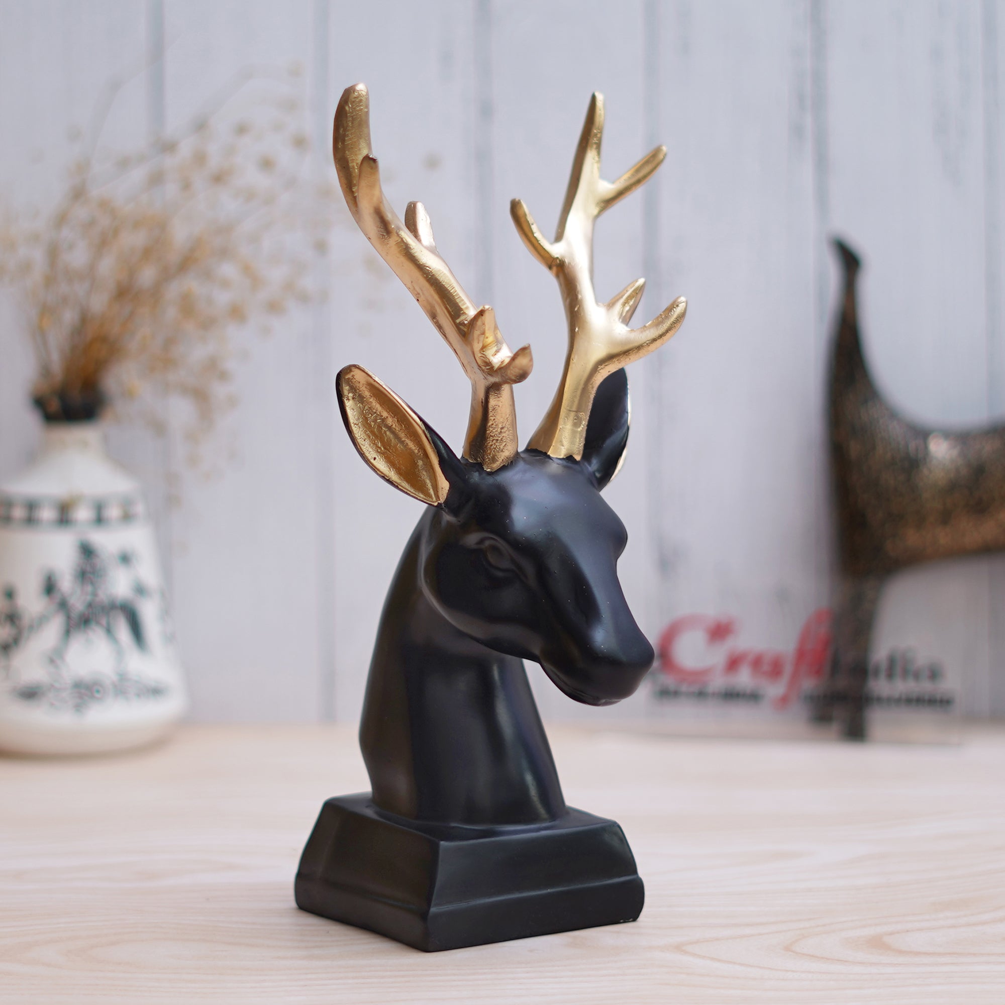 Black Polyresin Reindeer Head Statue with Golden Antlers Animal Showpiece 1