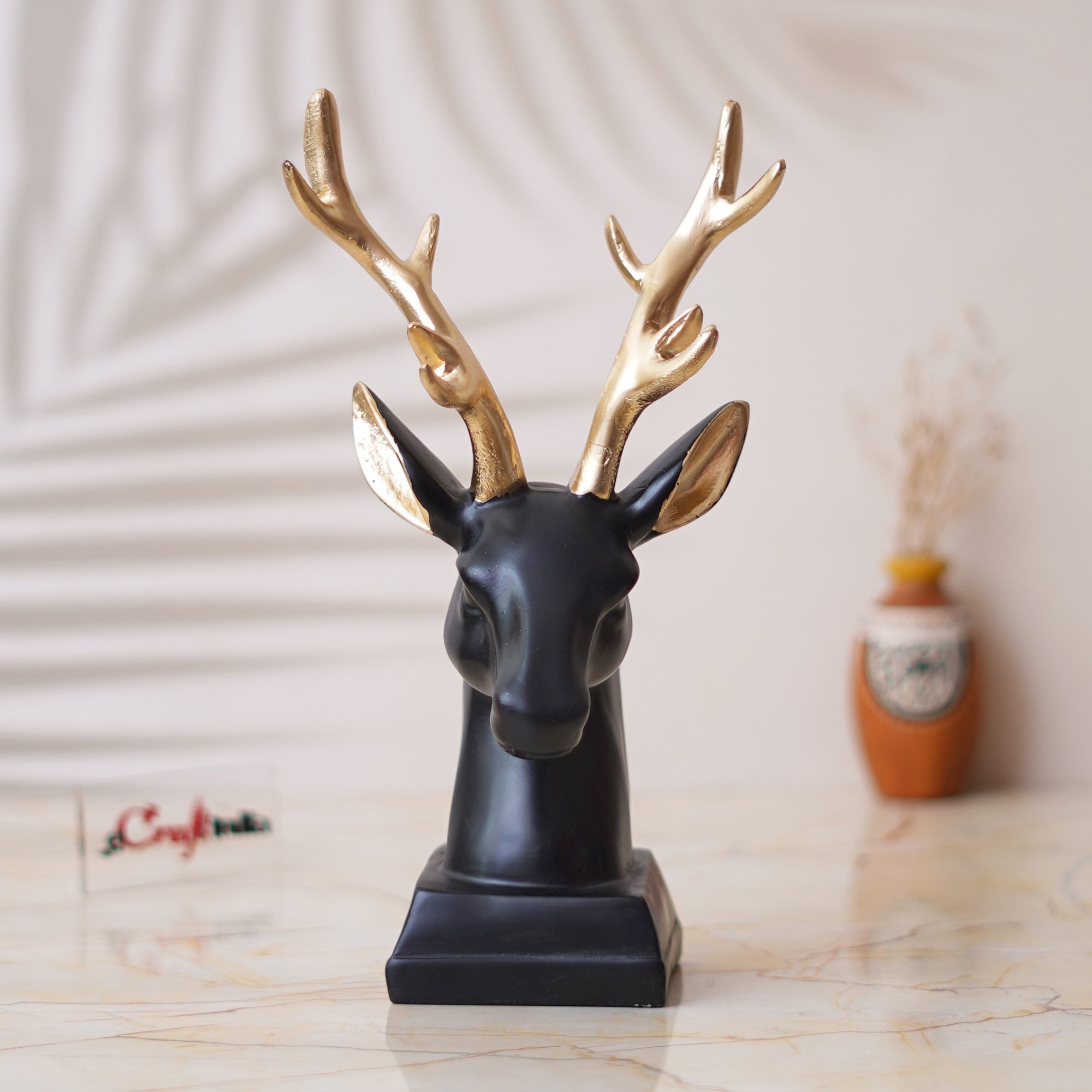 Black Polyresin Reindeer Head Statue with Golden Antlers Animal Showpiece 4