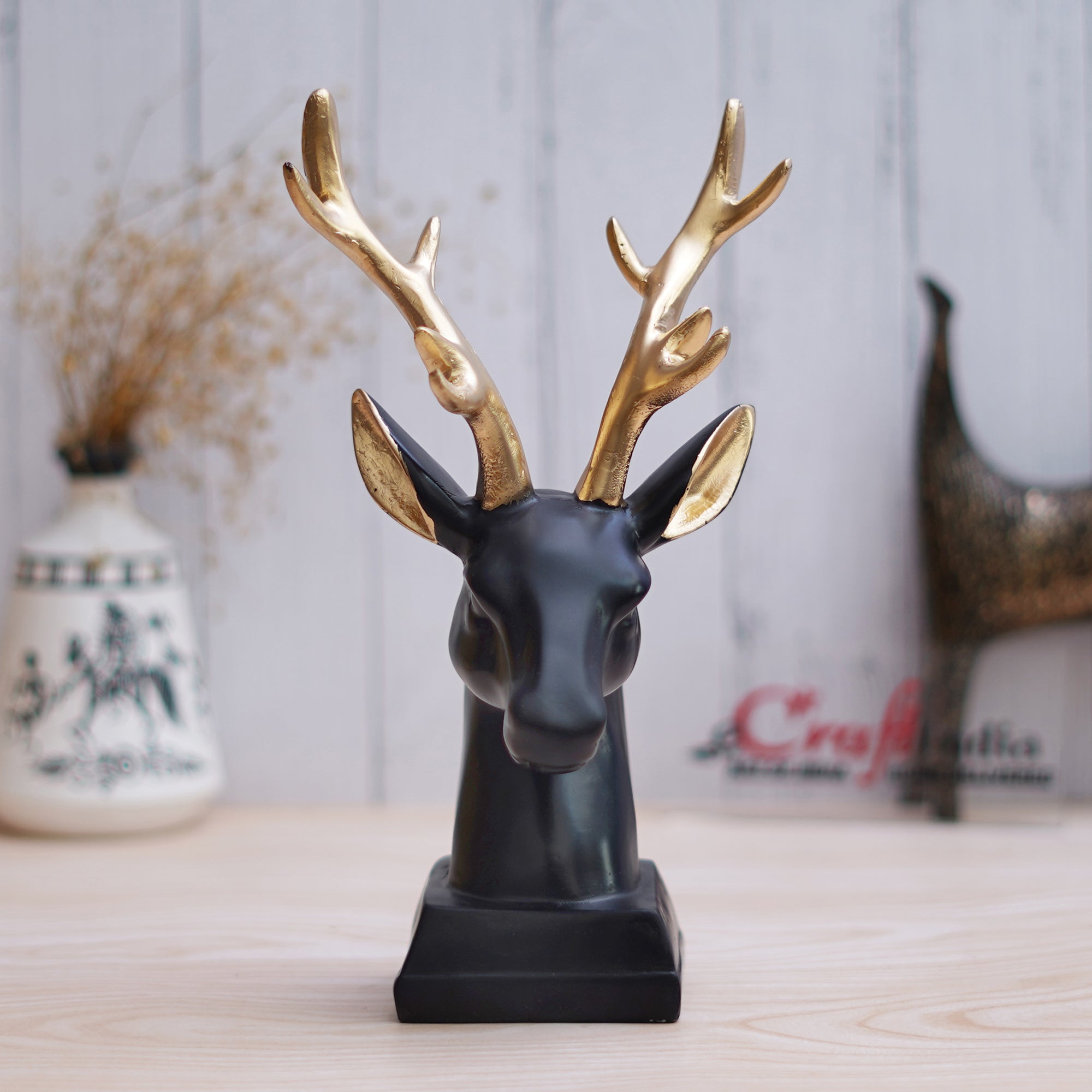 Black Polyresin Reindeer Head Statue with Golden Antlers Animal Showpiece 5