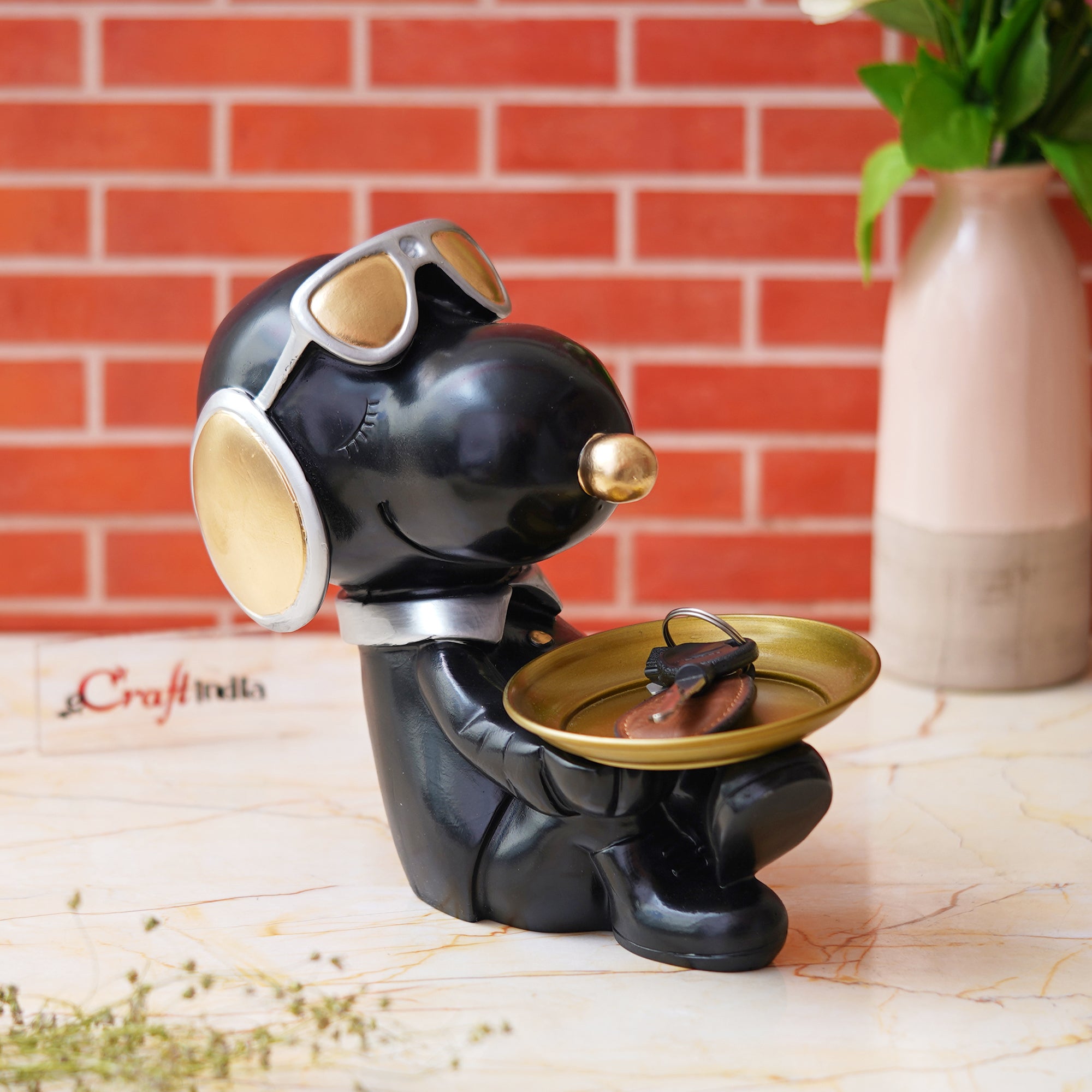 Balck Bull Dog Statue Sitting with Glasses, Headset Animal Figurine 1