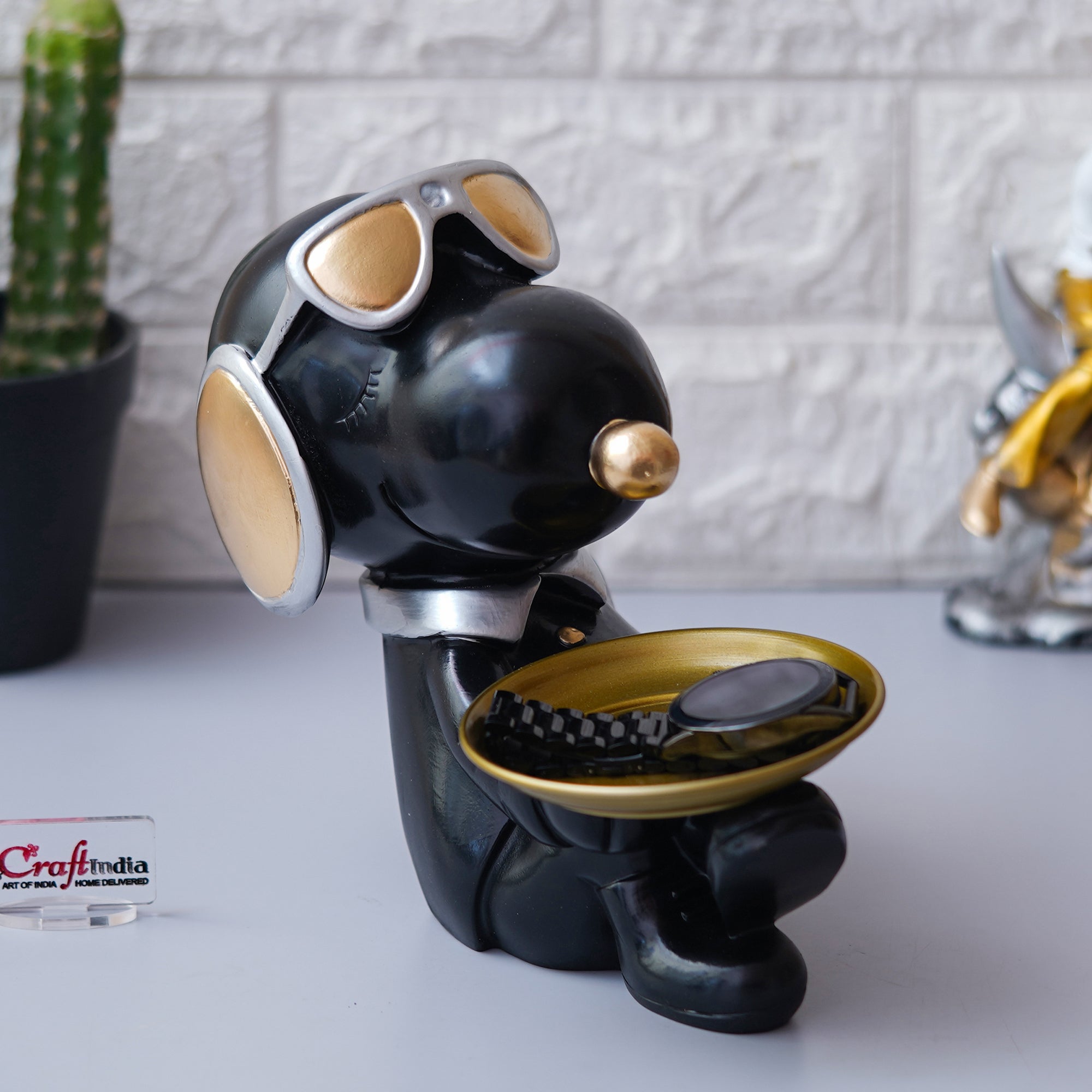 Balck Bull Dog Statue Sitting with Glasses, Headset Animal Figurine 4