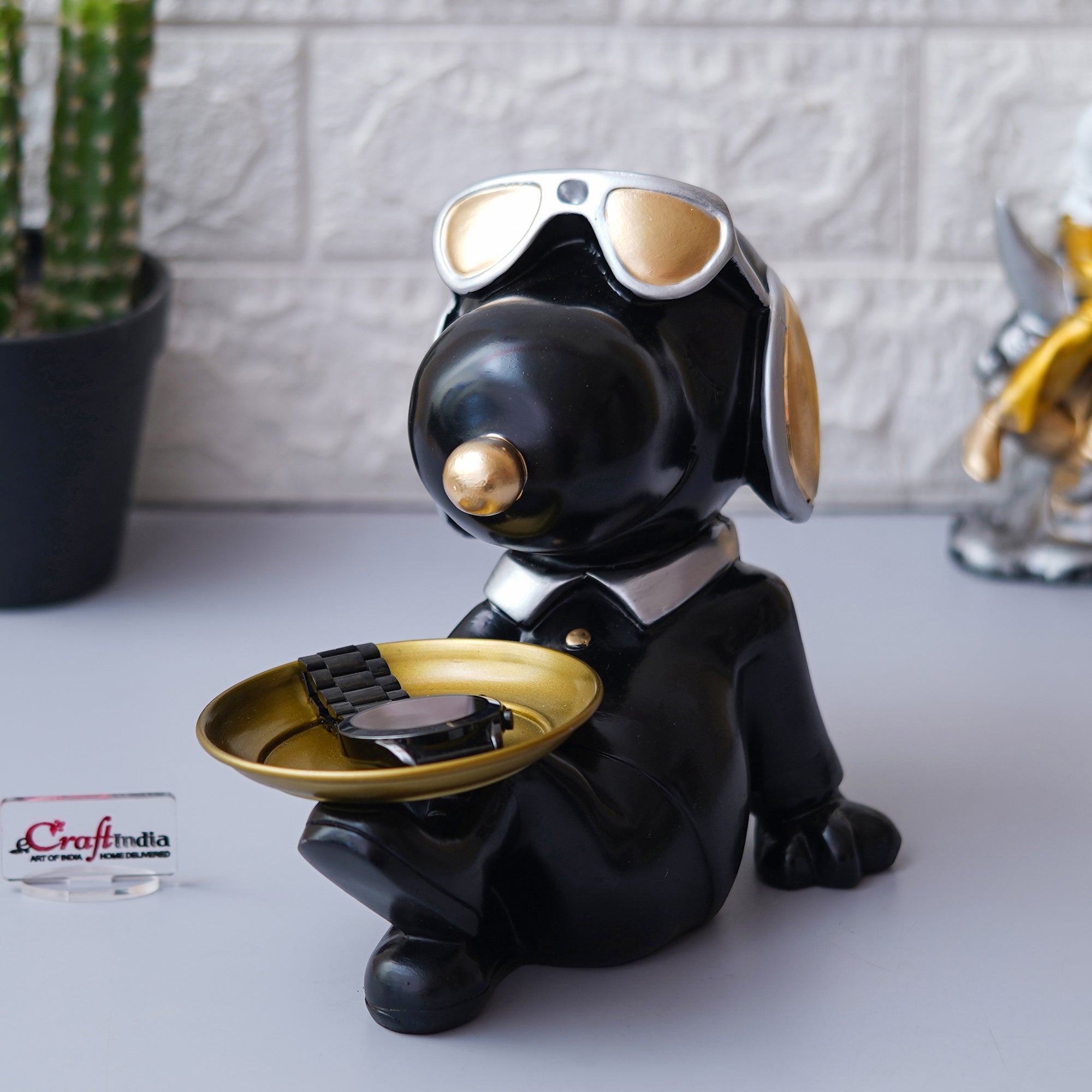 Balck Bull Dog Statue Sitting with Glasses, Headset Animal Figurine 5