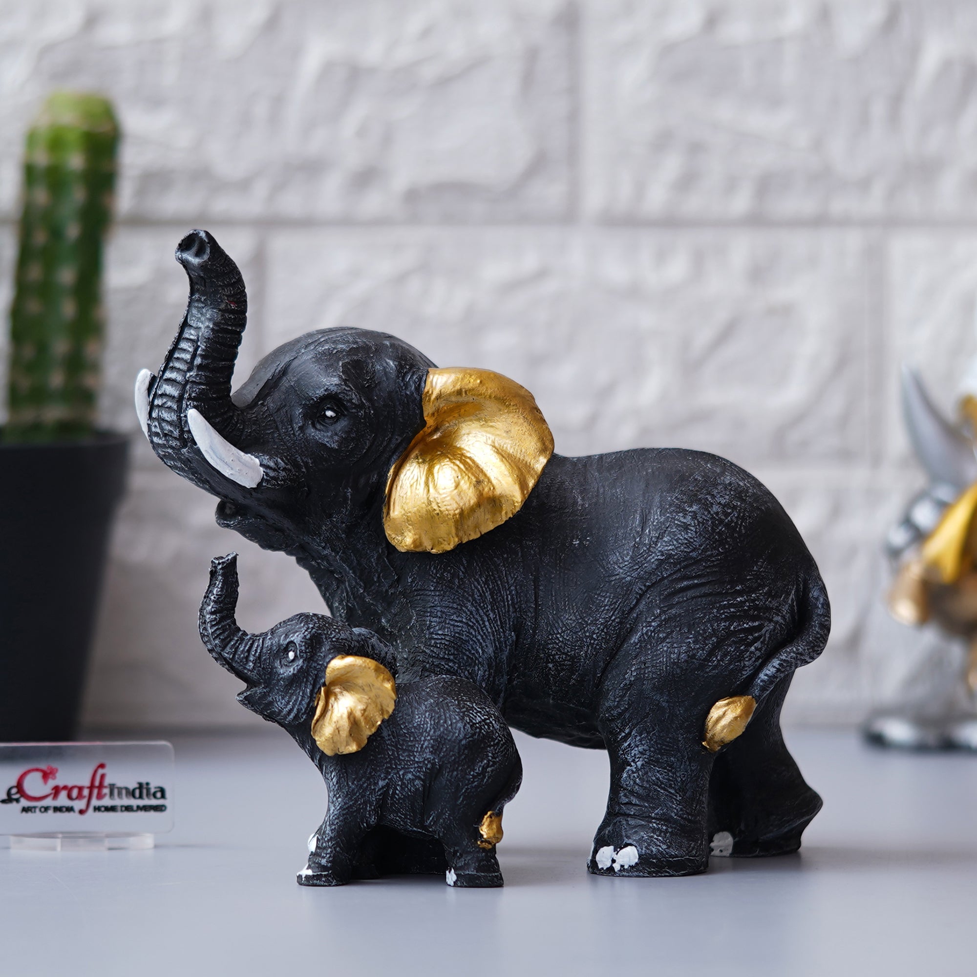 Set of 2 Elephant With Baby Elephant Statues Animal Figurines 1