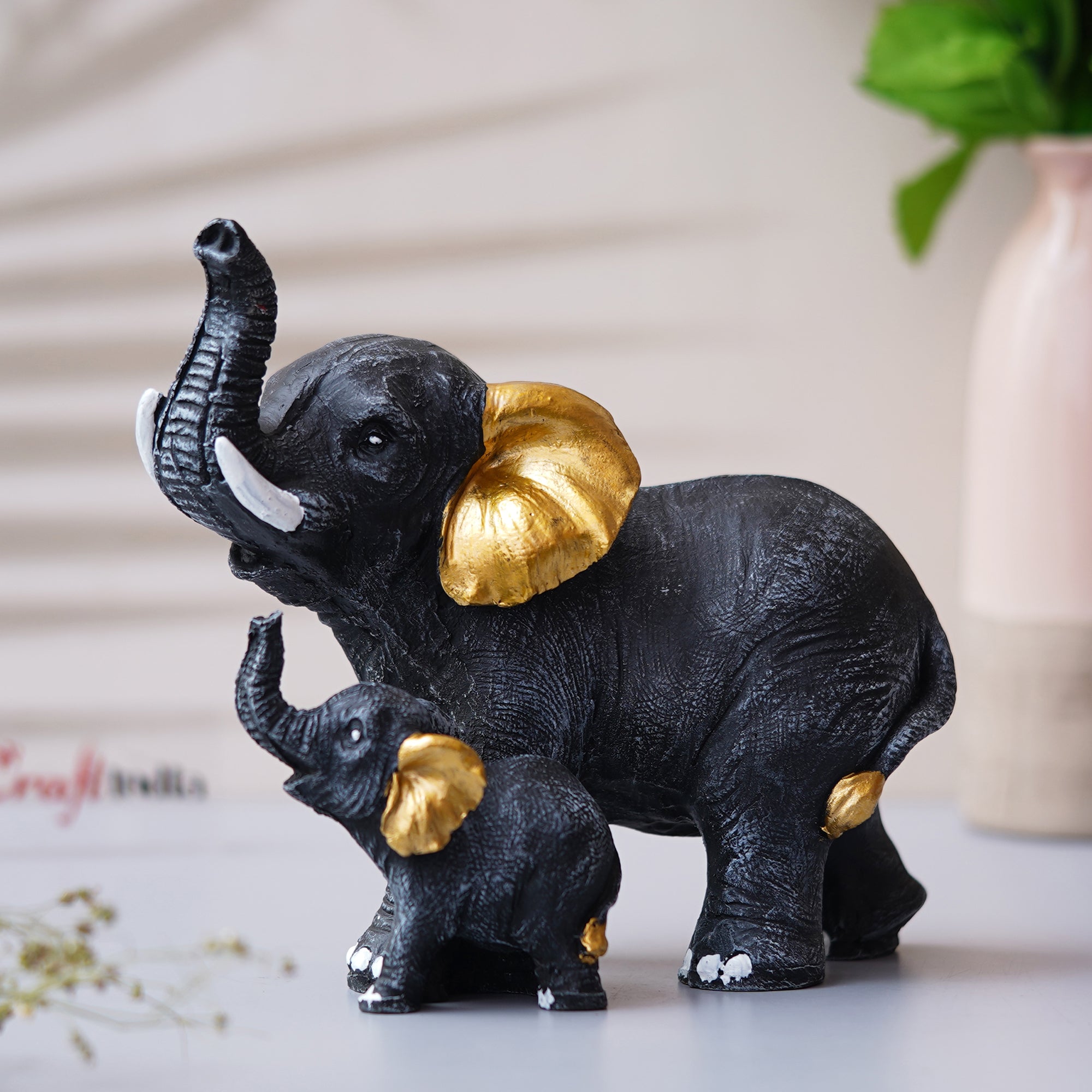 Set of 2 Elephant With Baby Elephant Statues Animal Figurines