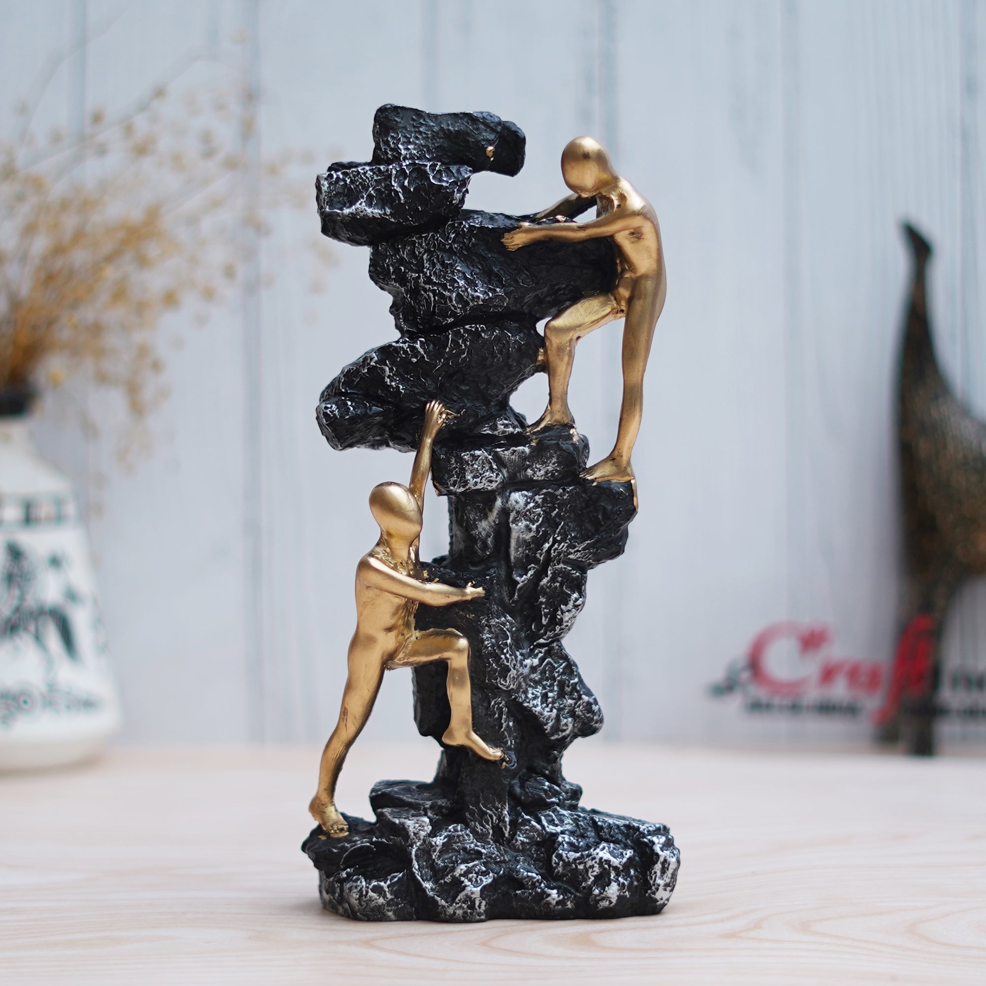 2 Men Climbing on Rock Mountain Climbers Human Figurine Decorative Showpiece