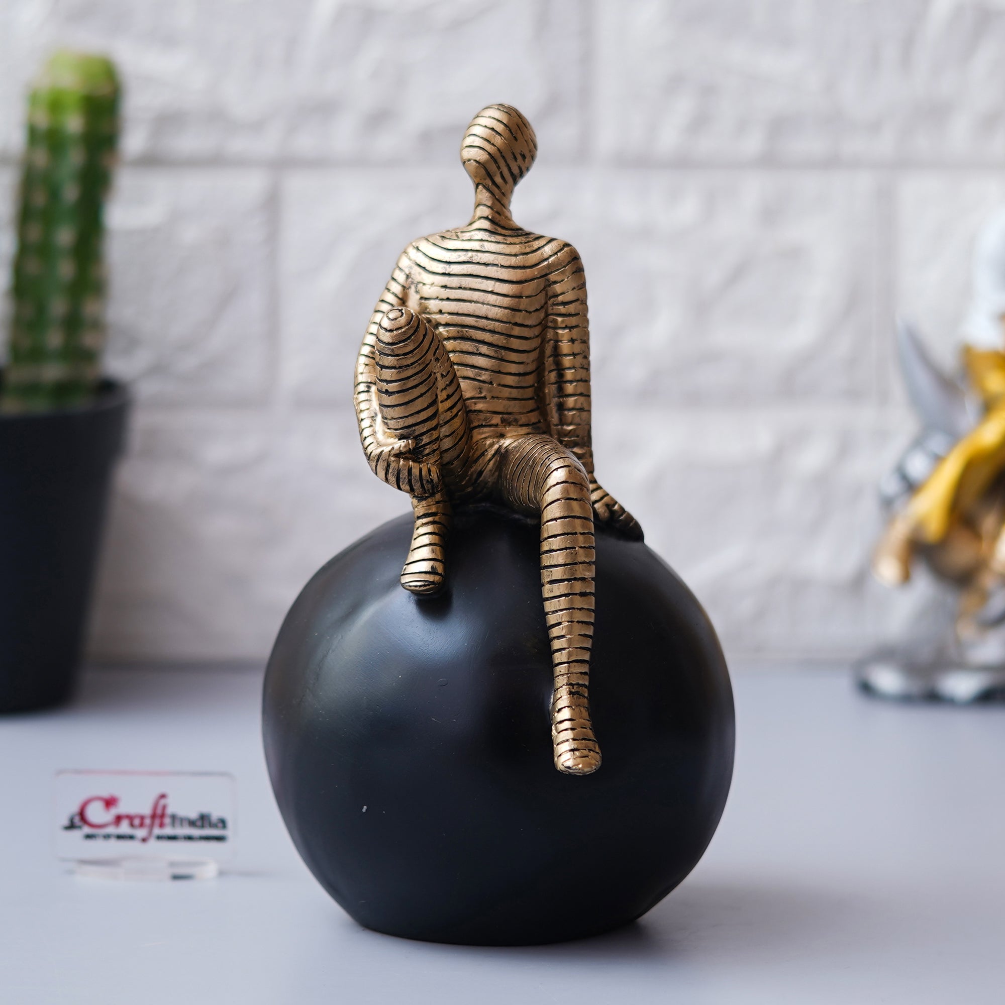 Golden Boy Statue Sitting on Black Ball Human Figurine Decorative Showpiece 5