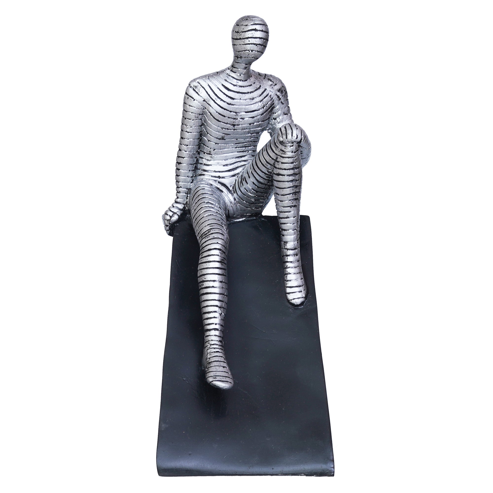 Silver Man Statue Sitting on Triangle Black Base Human Figurine Decorative Showpiece 2