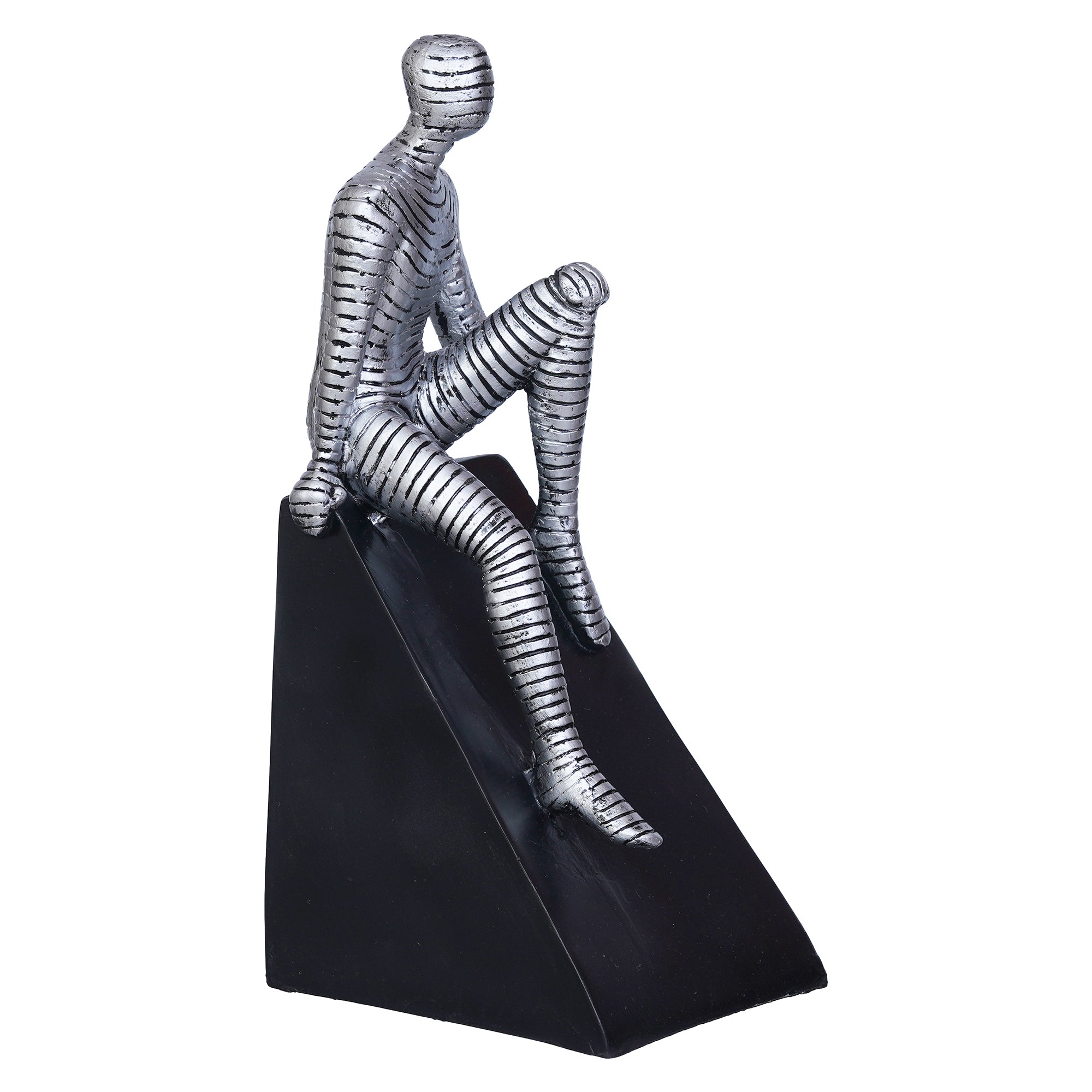 Silver Man Statue Sitting on Triangle Black Base Human Figurine Decorative Showpiece 6