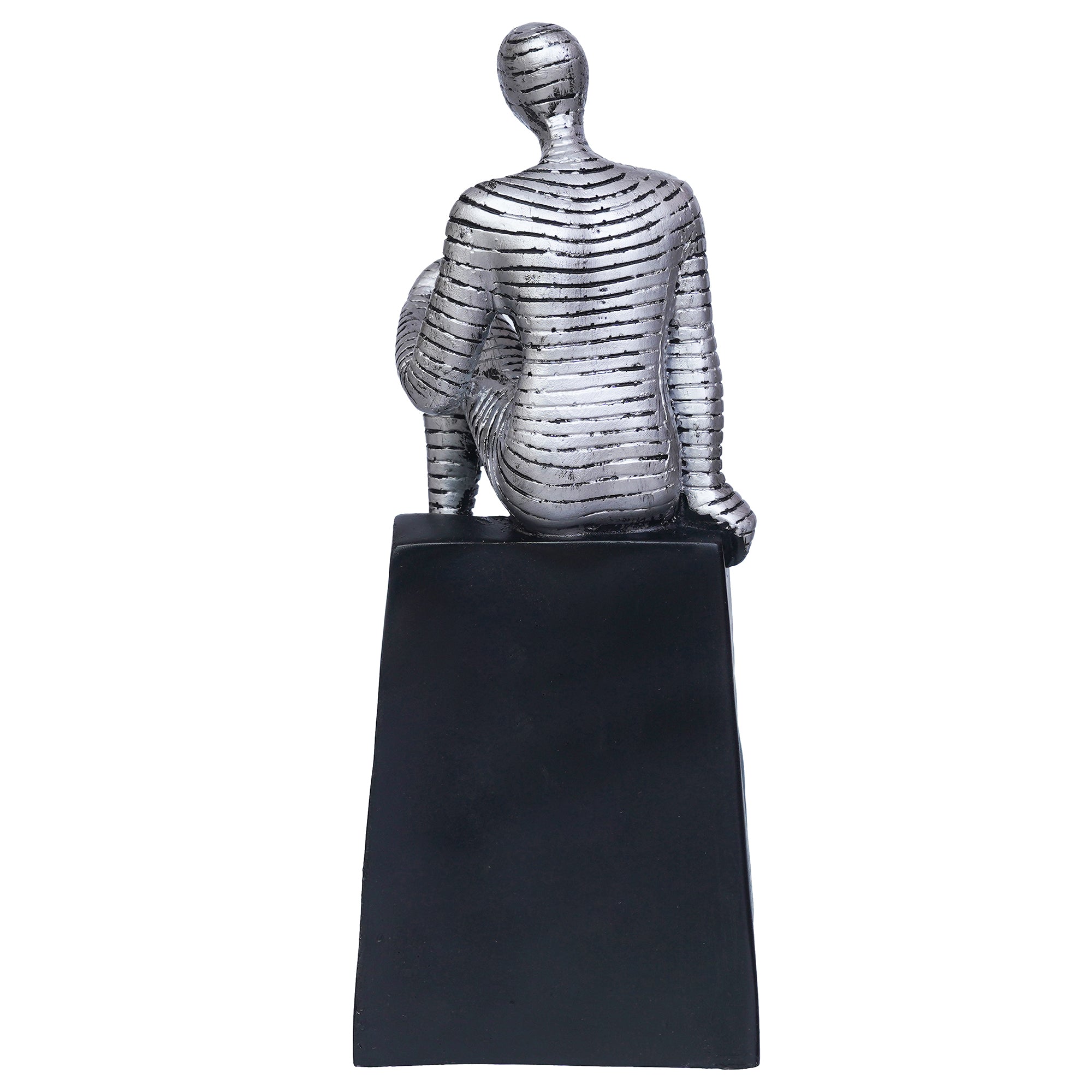 Silver Man Statue Sitting on Triangle Black Base Human Figurine Decorative Showpiece 8