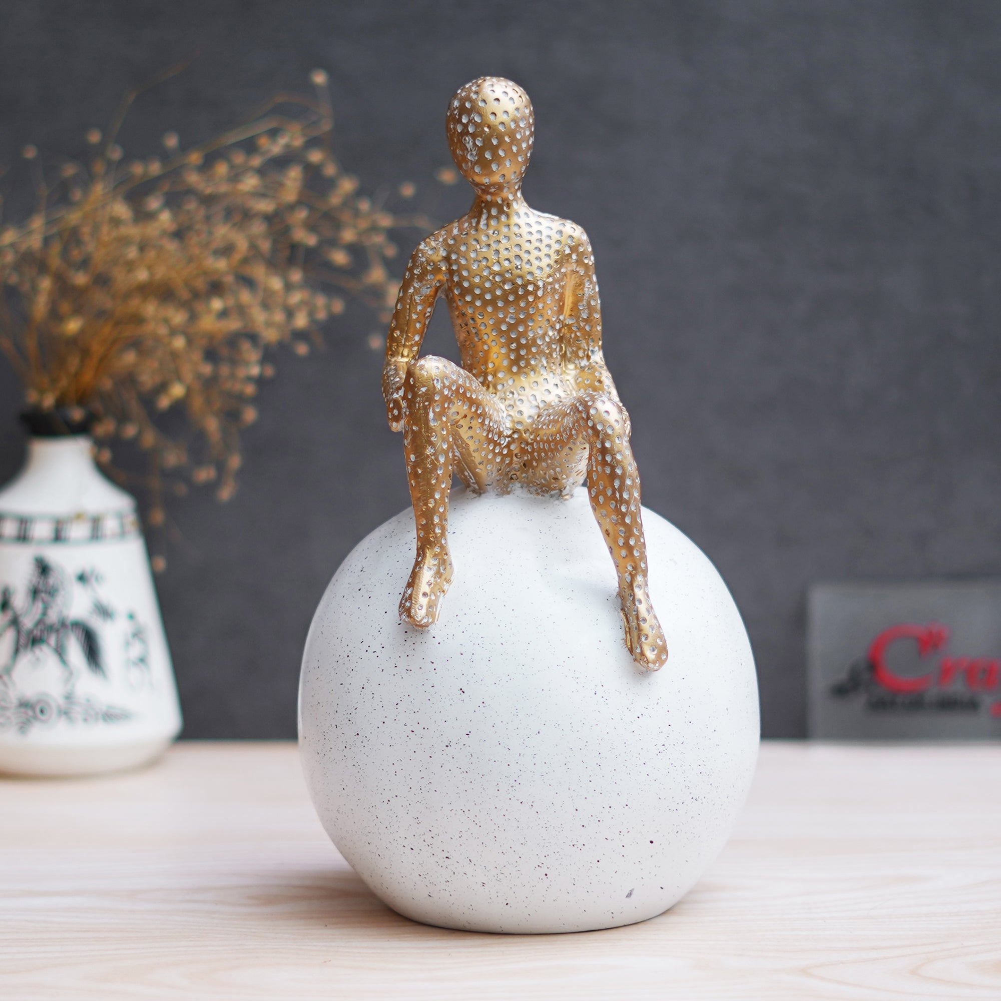 Golden Boy Statue Sitting on White Ball Human Figurine Decorative Showpiece 1