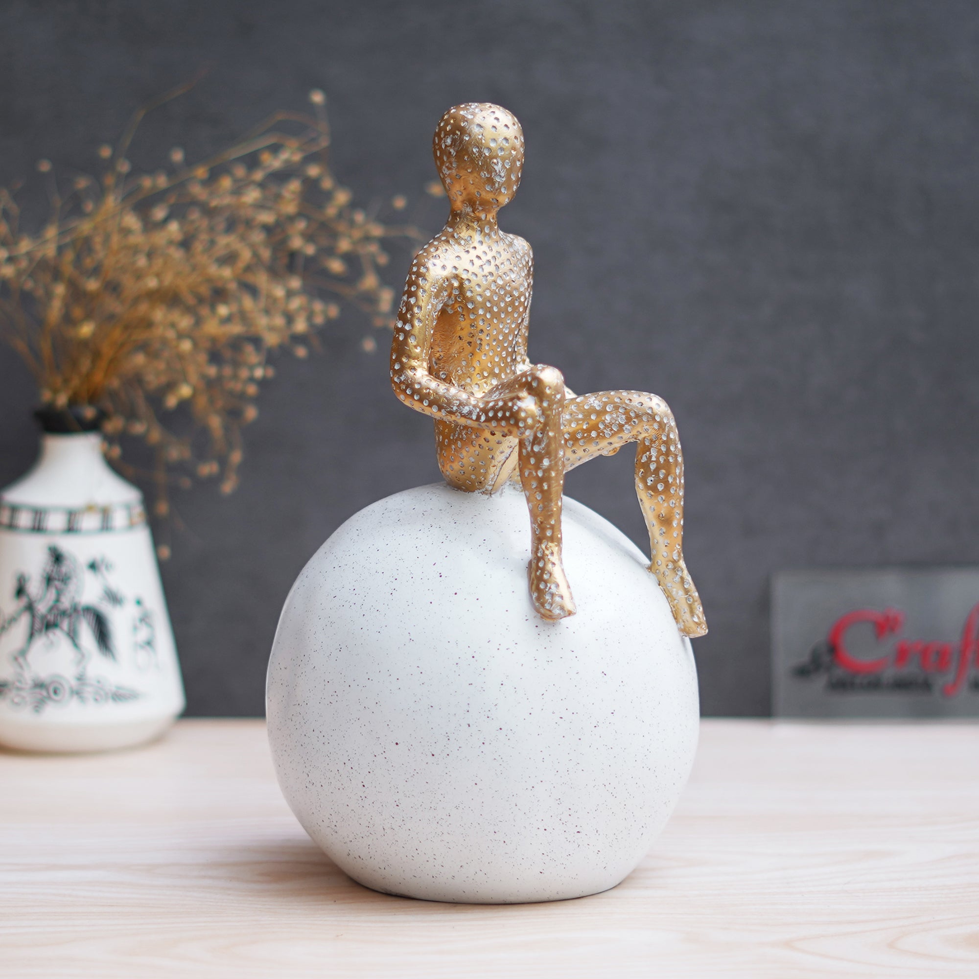 Golden Boy Statue Sitting on White Ball Human Figurine Decorative Showpiece