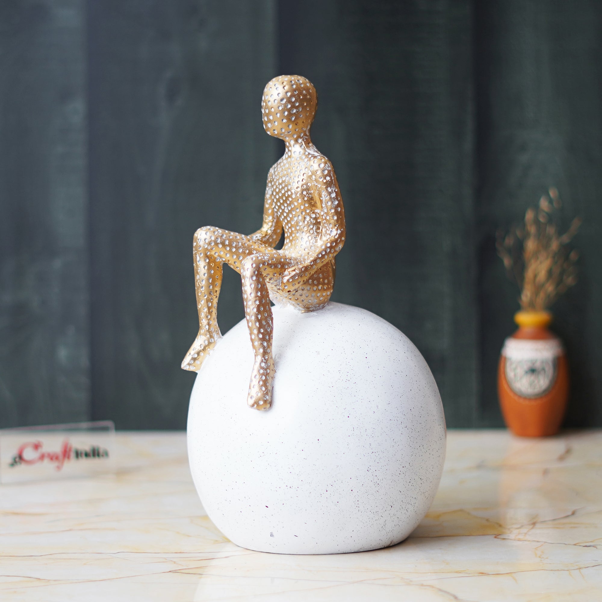 Golden Boy Statue Sitting on White Ball Human Figurine Decorative Showpiece 4