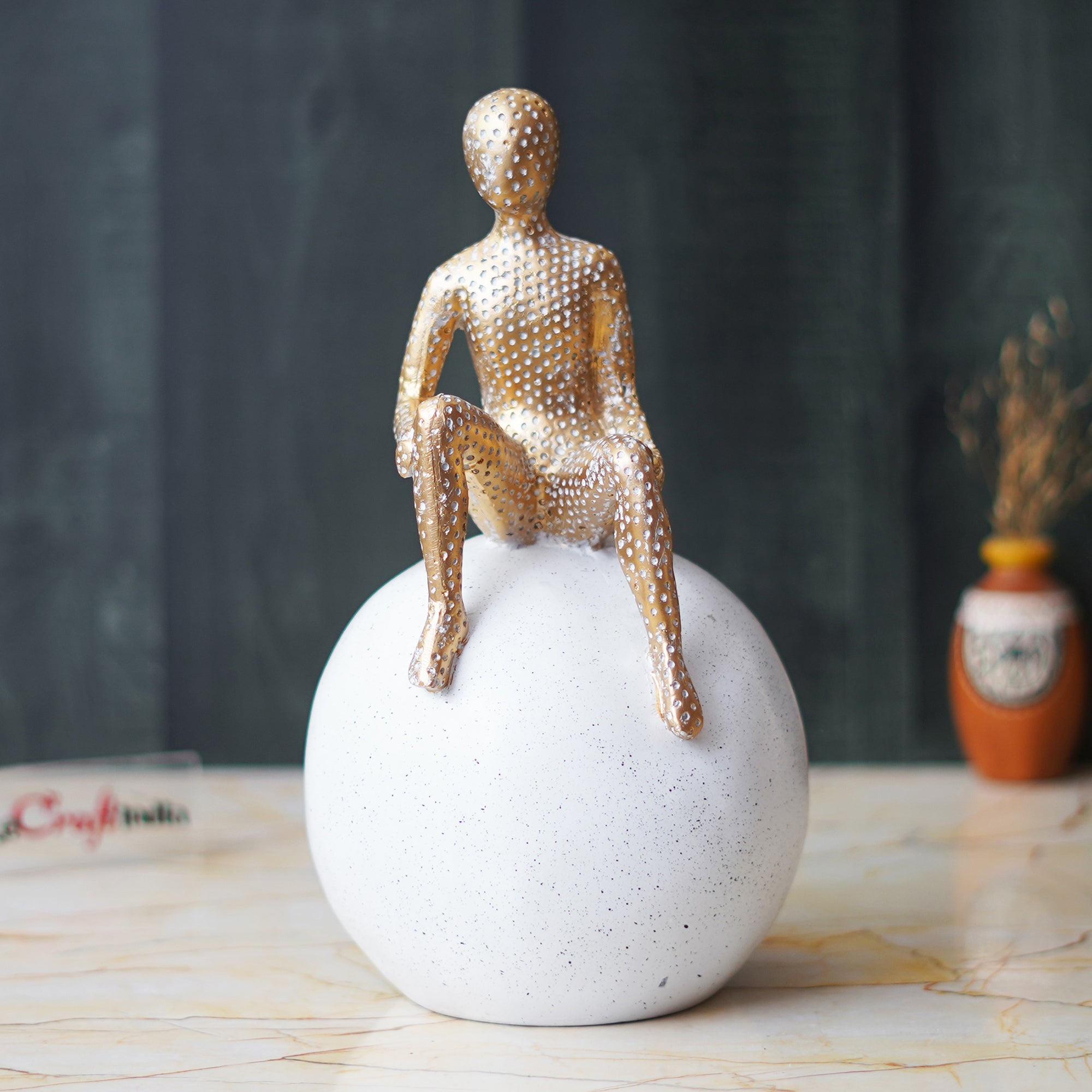 Golden Boy Statue Sitting on White Ball Human Figurine Decorative Showpiece 5