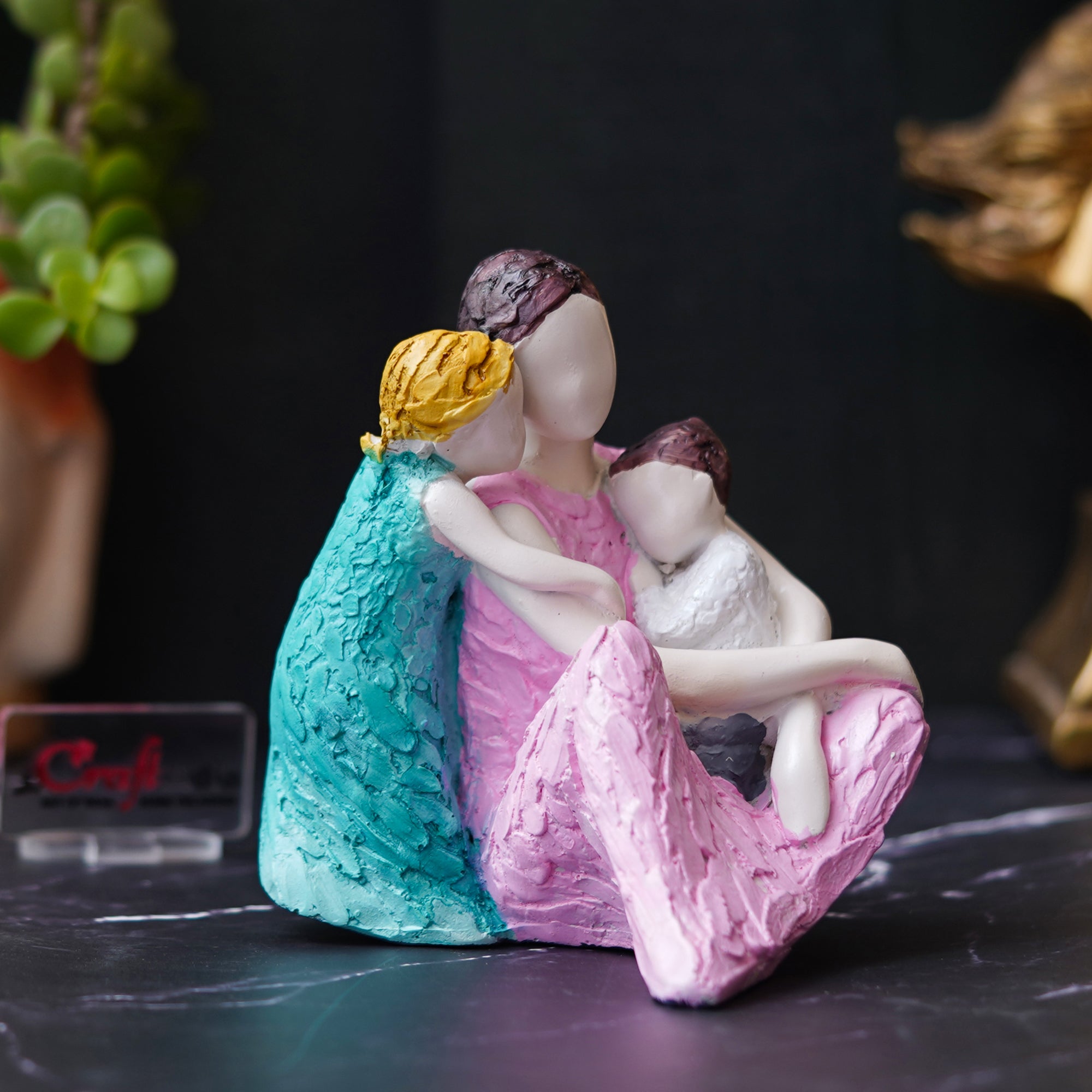 Happy Family of Mother, Daughter Backhugging, and Boy on Lap Human Figurine Decorative Showpiece 5