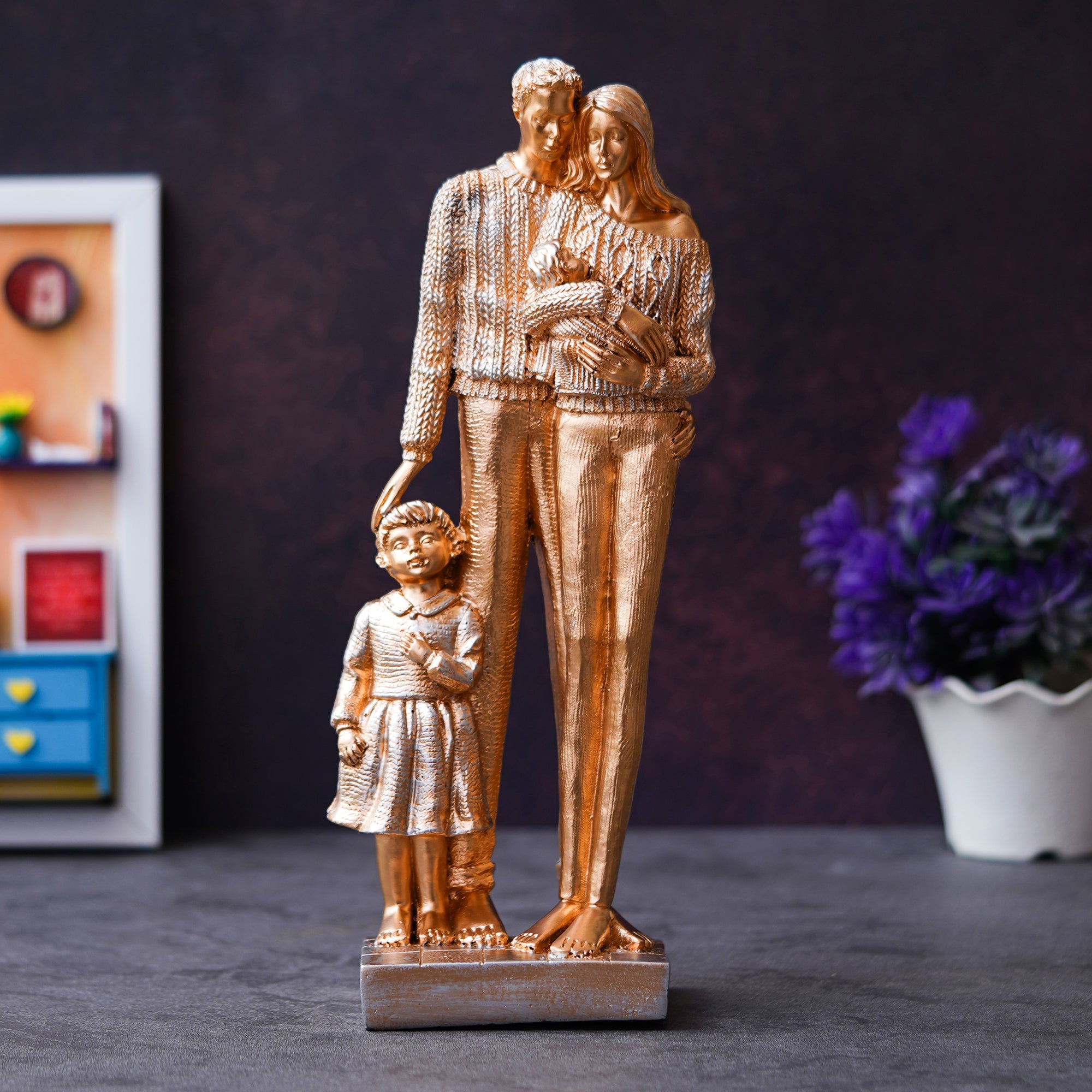 Golden Beloved Family of Husband, Wife, Daughter, and Son Human Figurines Decorative Showpiece 1