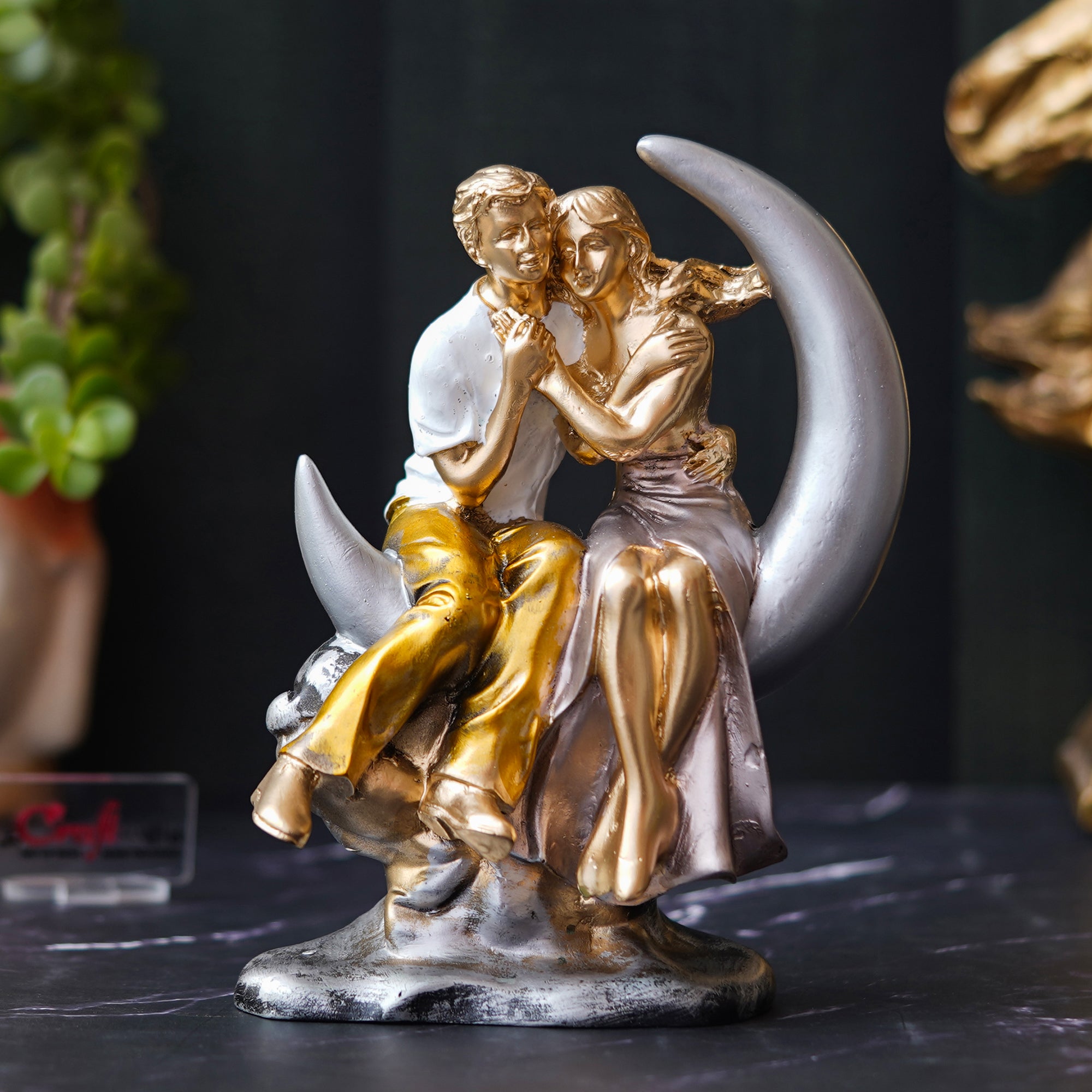 Romantic Couple Statue Sitting on Moon Human Figurines Decorative Showpiece