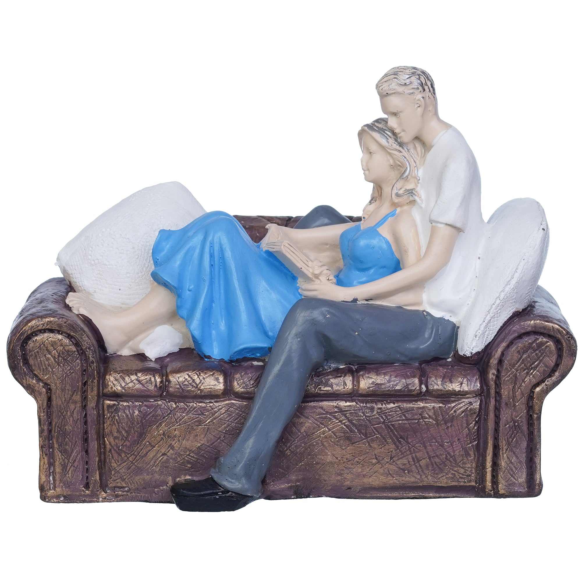 Romantic Couple Statue Sitting on Sofa and Reading Book Decorative Showpiece 2